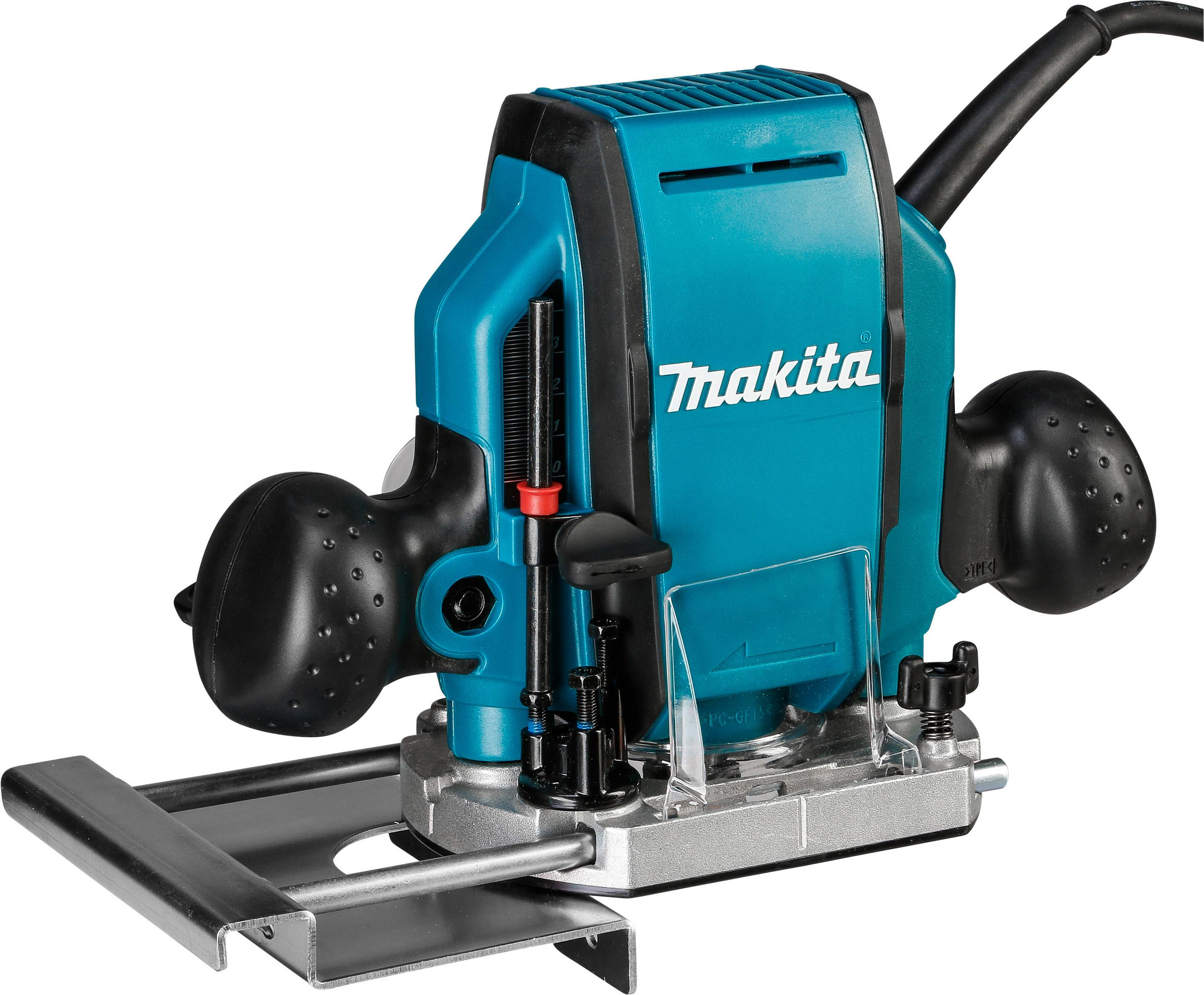 Ein blauer Makita-Fräser mit schwarzen Griffen und einer Metallgrundplatte steht auf weißem Grund.