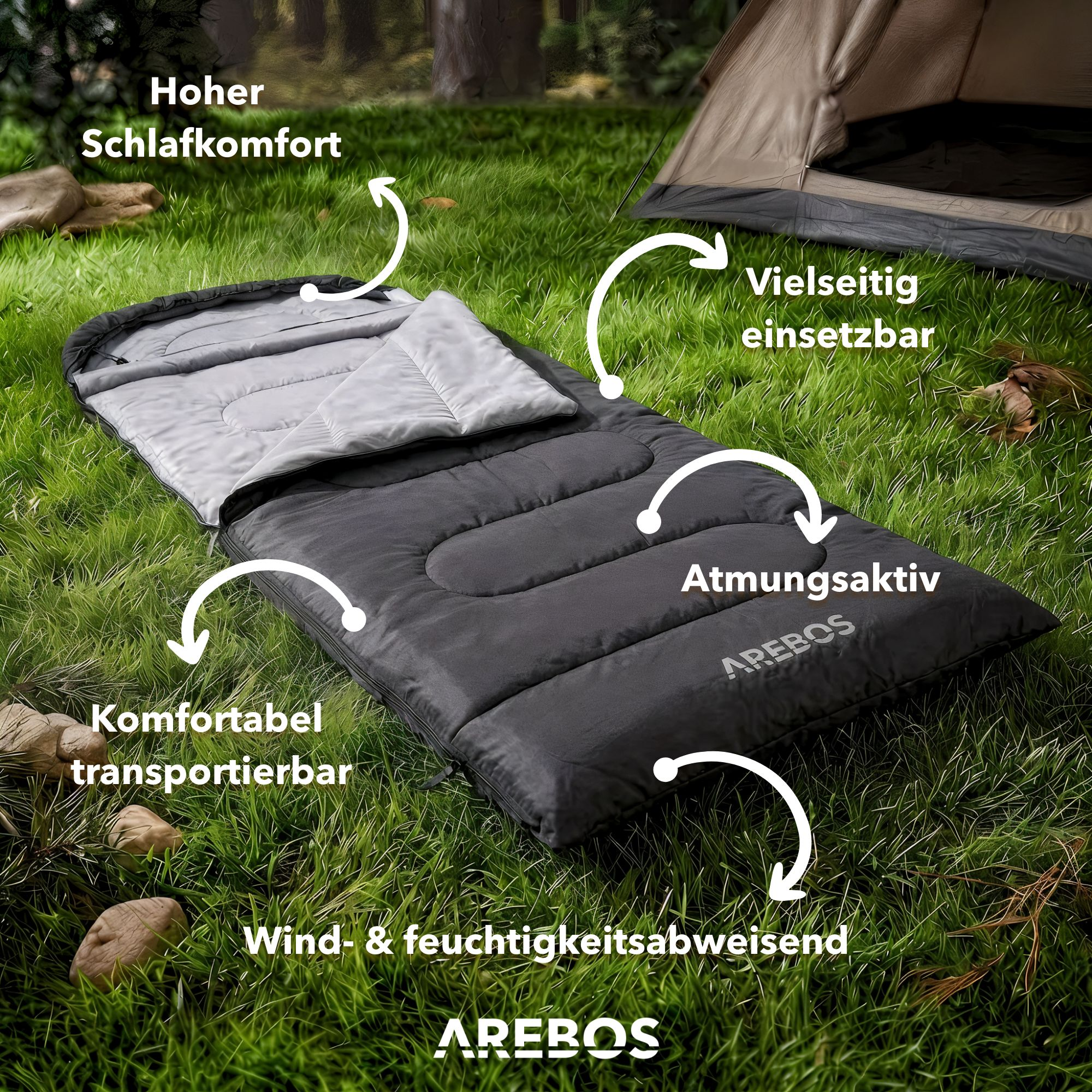 Ein grauer Schlafsack mit hellgrauem Innenfutter liegt auf Gras. Ein Zelt ist im Hintergrund.