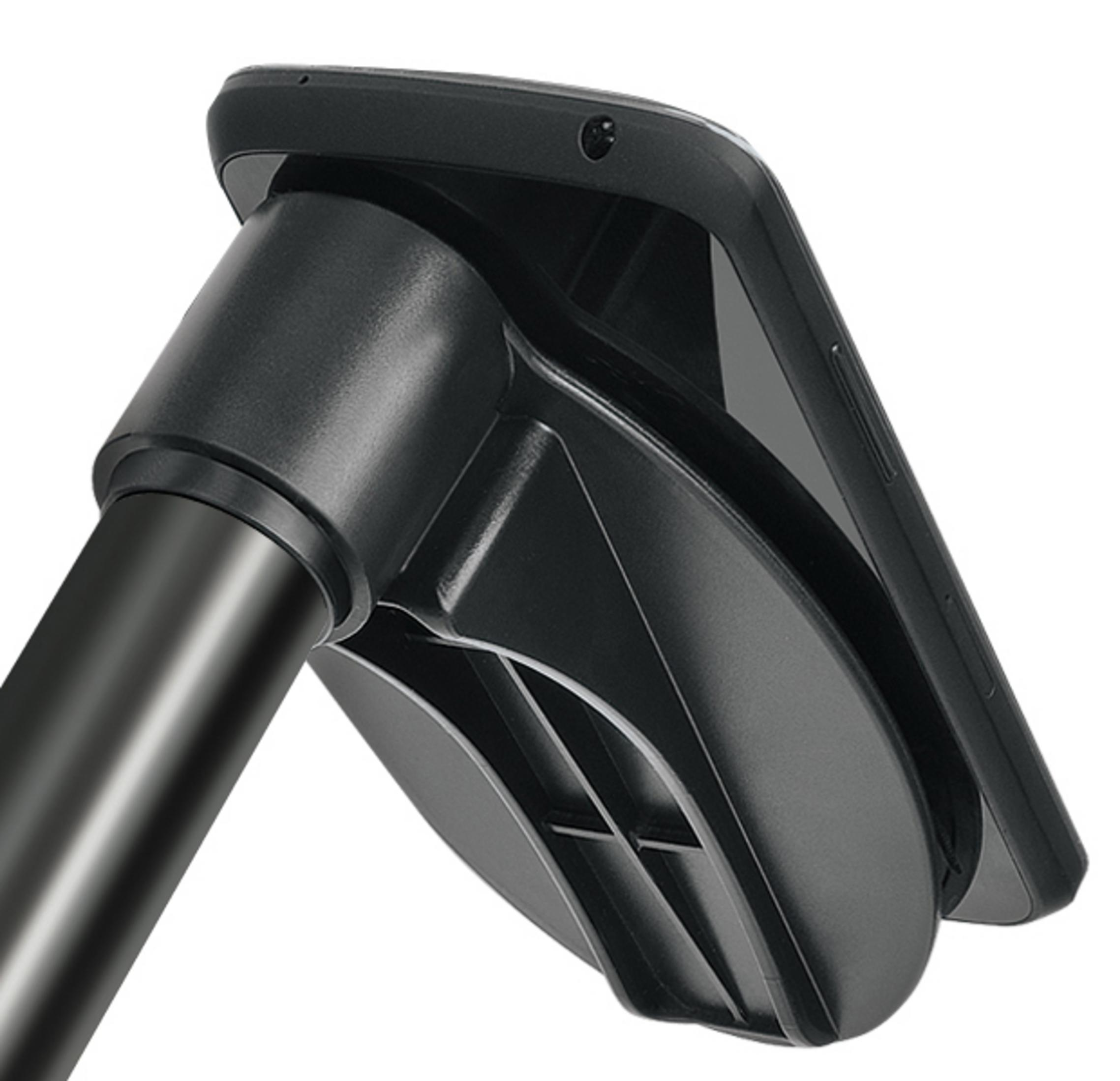 Un soporte negro para teléfono con brazo ajustable sobre fondo blanco.