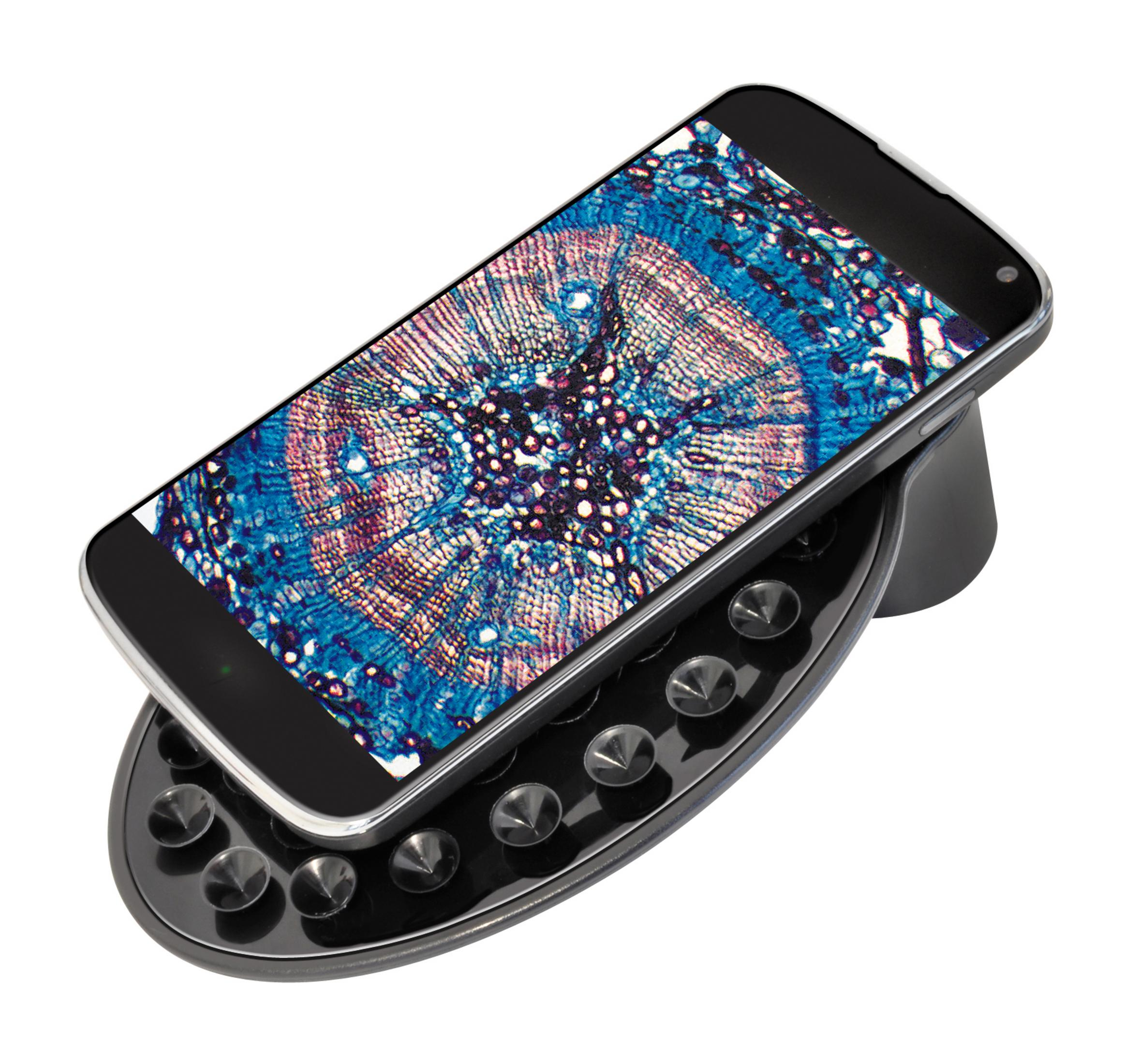 Un smartphone mostrando una imagen microscópica de célula vegetal en un soporte negro.