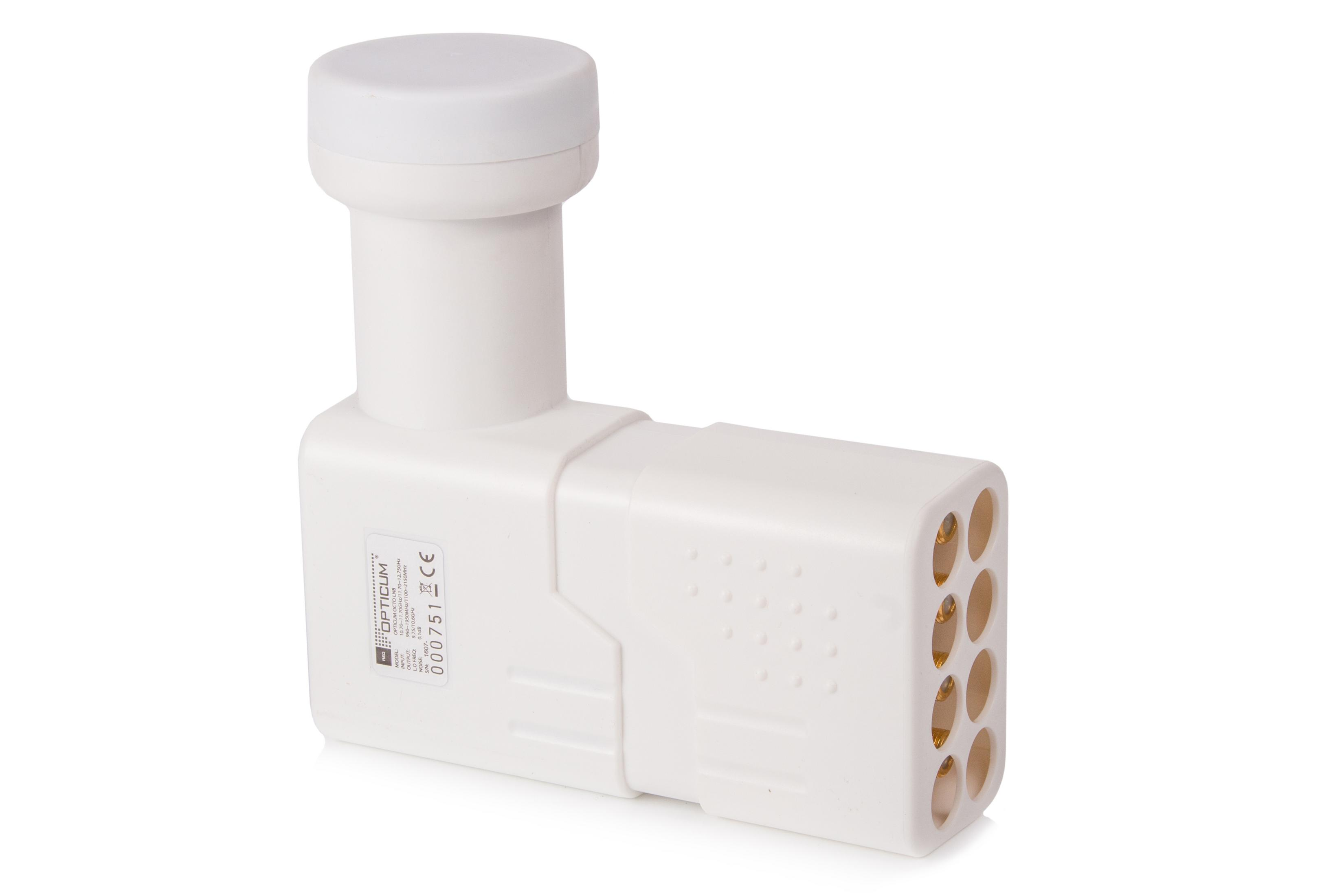 Weißer LNB mit 8 Anschlüssen und beschriftetem Etikett.