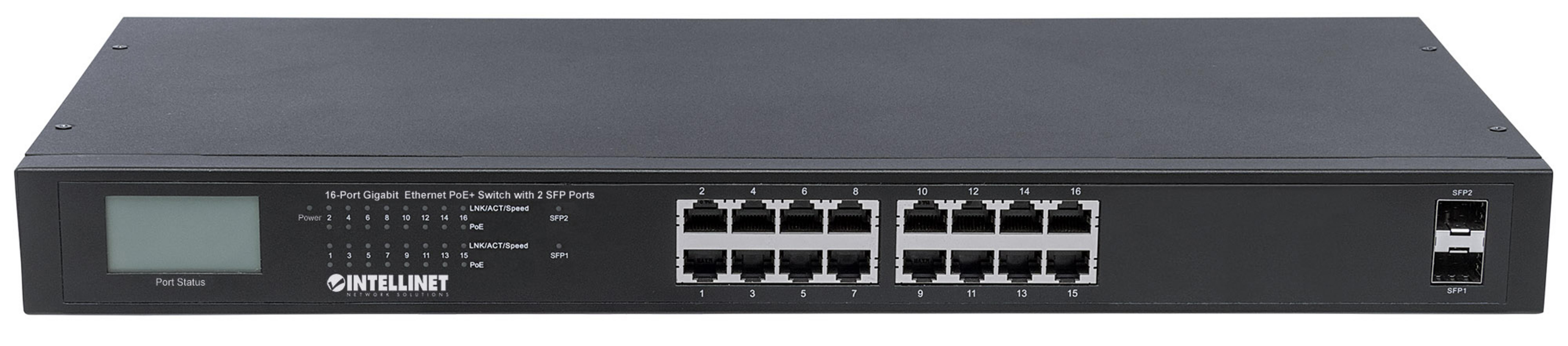 Switch Ethernet Gigabit PoE+ nero a 16 porte con 2 porte SFP, LCD e spie luminose.