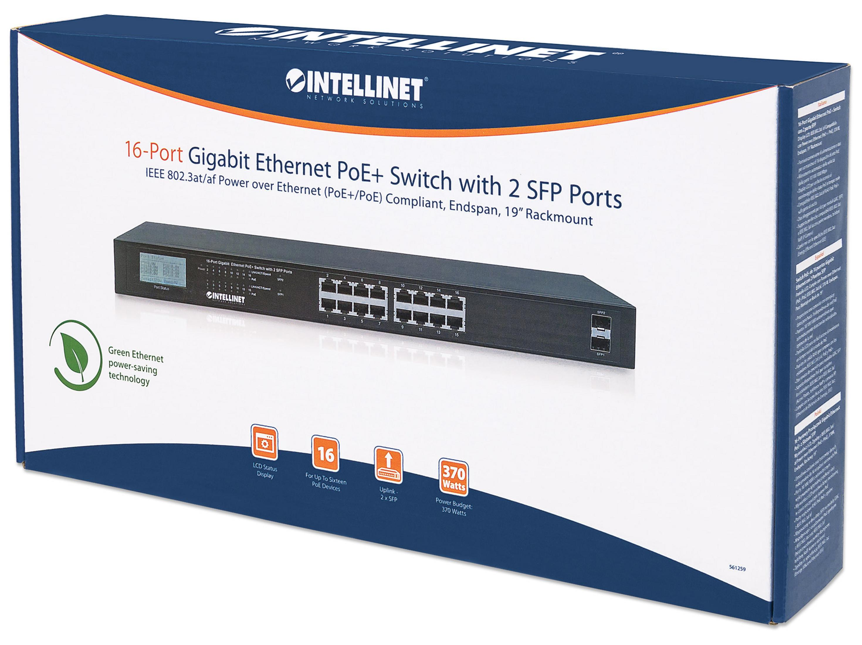 Switch Intellinet Gigabit PoE+ 16 porte con LCD, 2 porte SFP.