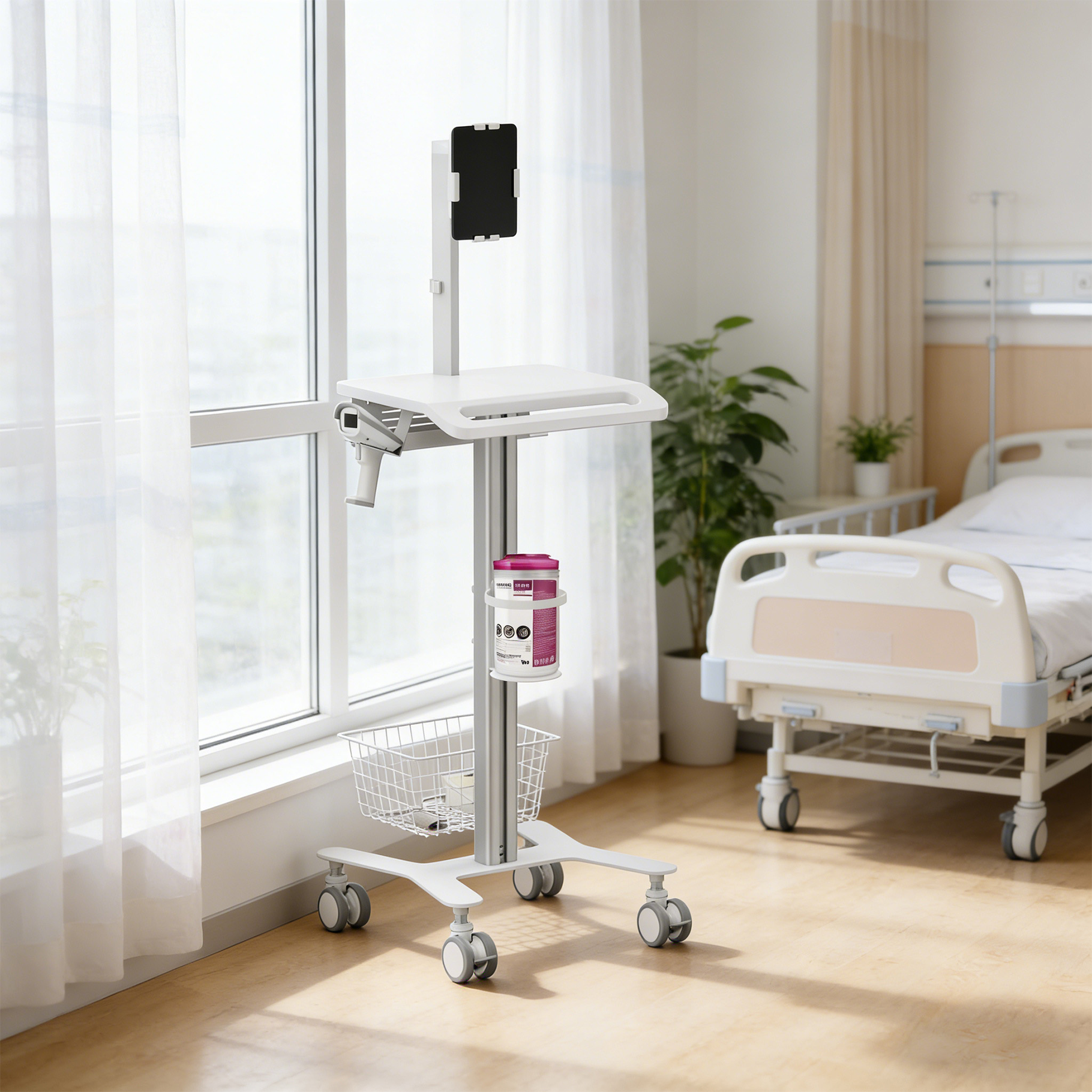 Carro médico con tableta, cesta y dispensador junto a una cama de hospital.