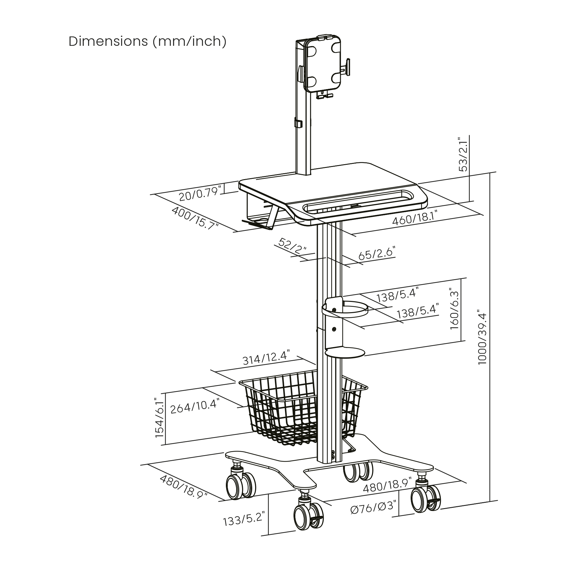 Carrito rodante con bandeja, cesta y soporte para monitor. Se muestran dimensiones.