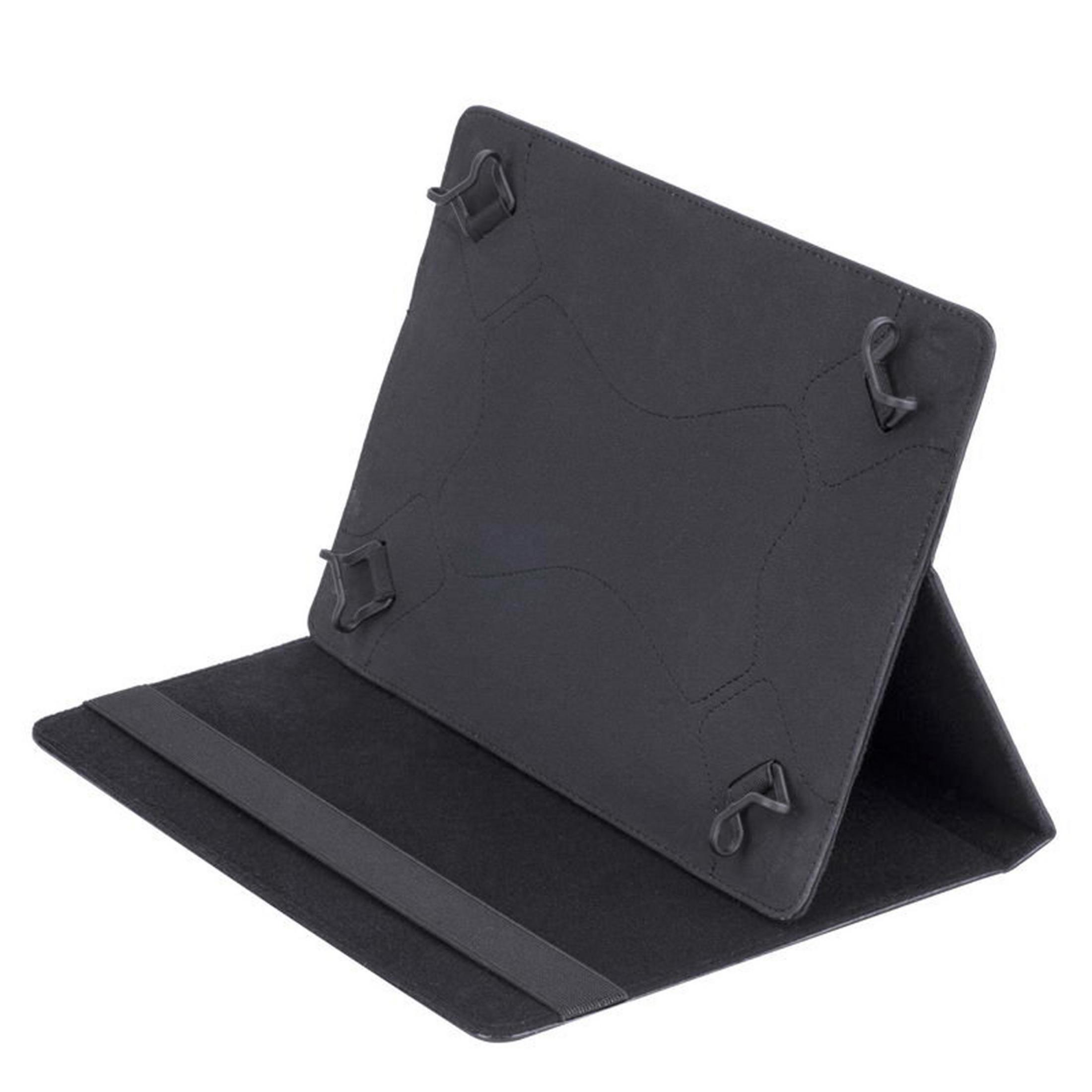 Schwarze Tablet-Hülle im geöffneten Zustand mit elastischen Halterungen.