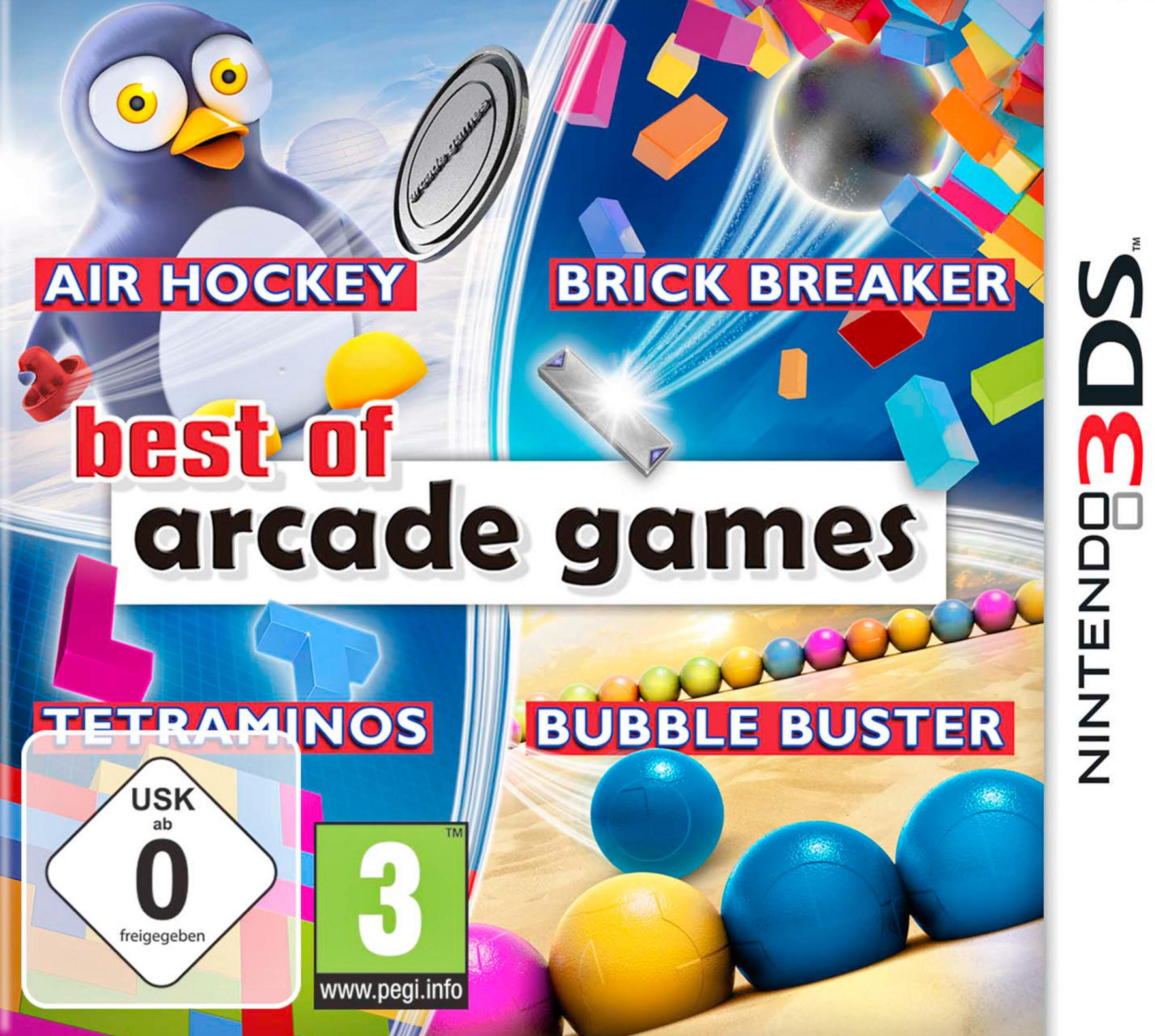 Nintendo 3DS Spielcover mit Air Hockey, Brick Breaker, Tetraminos und Bubble Buster.