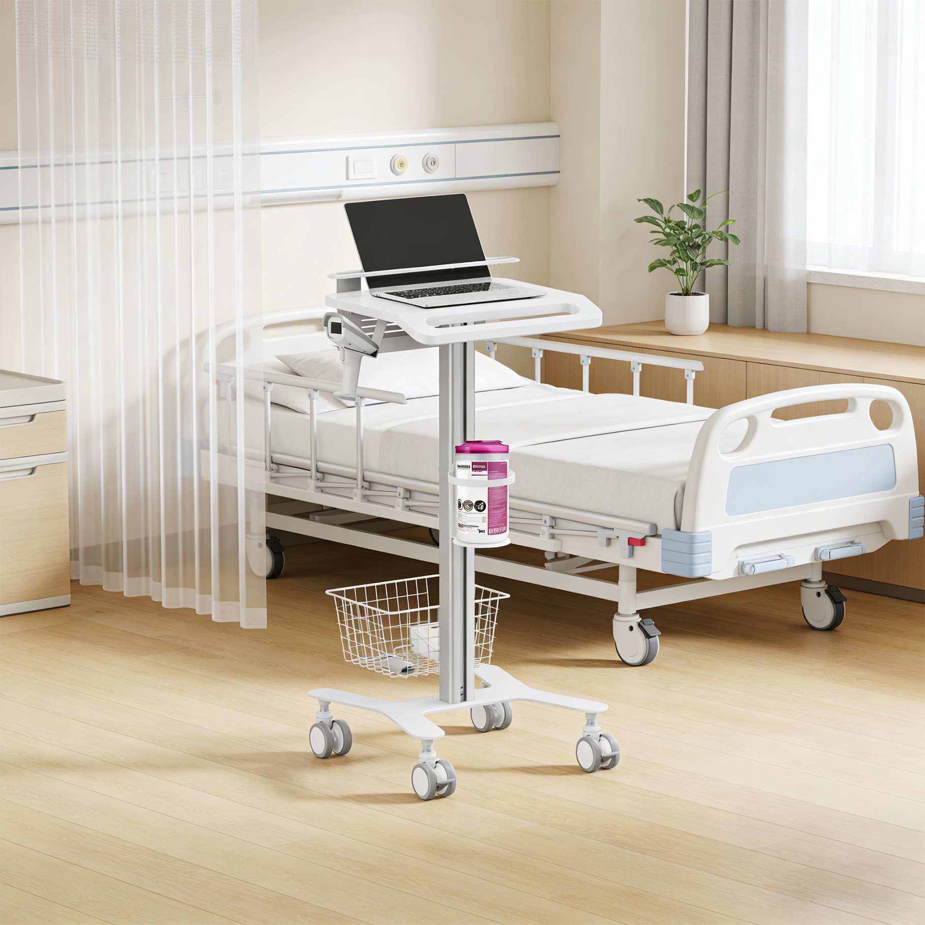 Un soporte móvil con portátil junto a una cama de hospital.