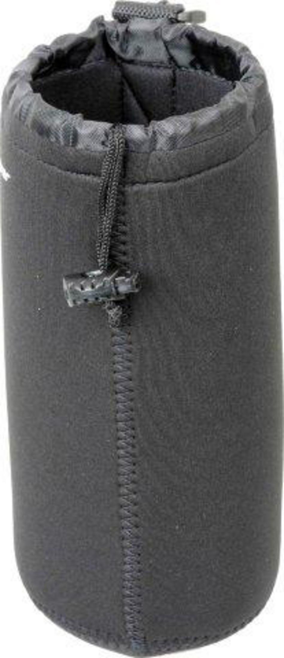 Black fabric drawstring pouch with a toggle closure, visible stitching.