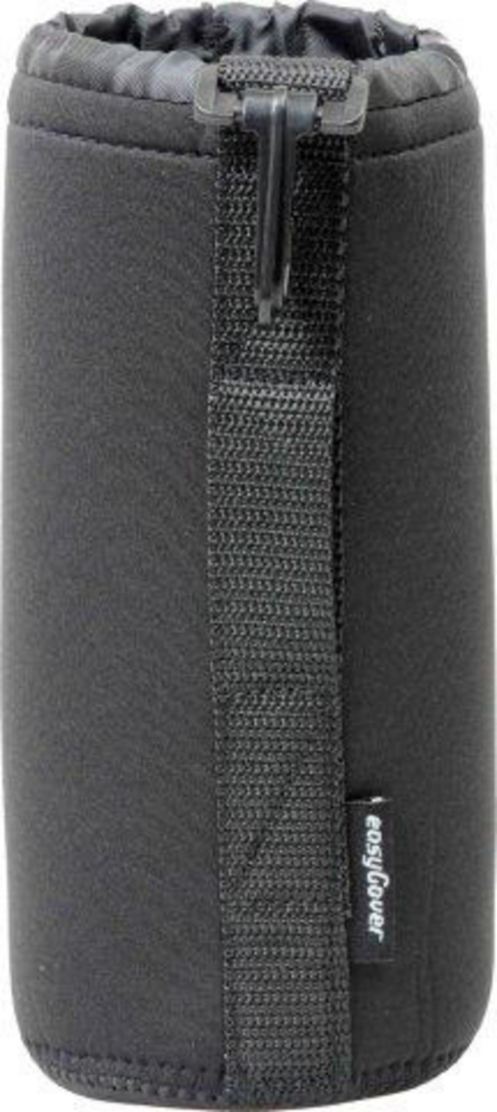 Black lens case with drawstring and clip, featuring a brand logo.
