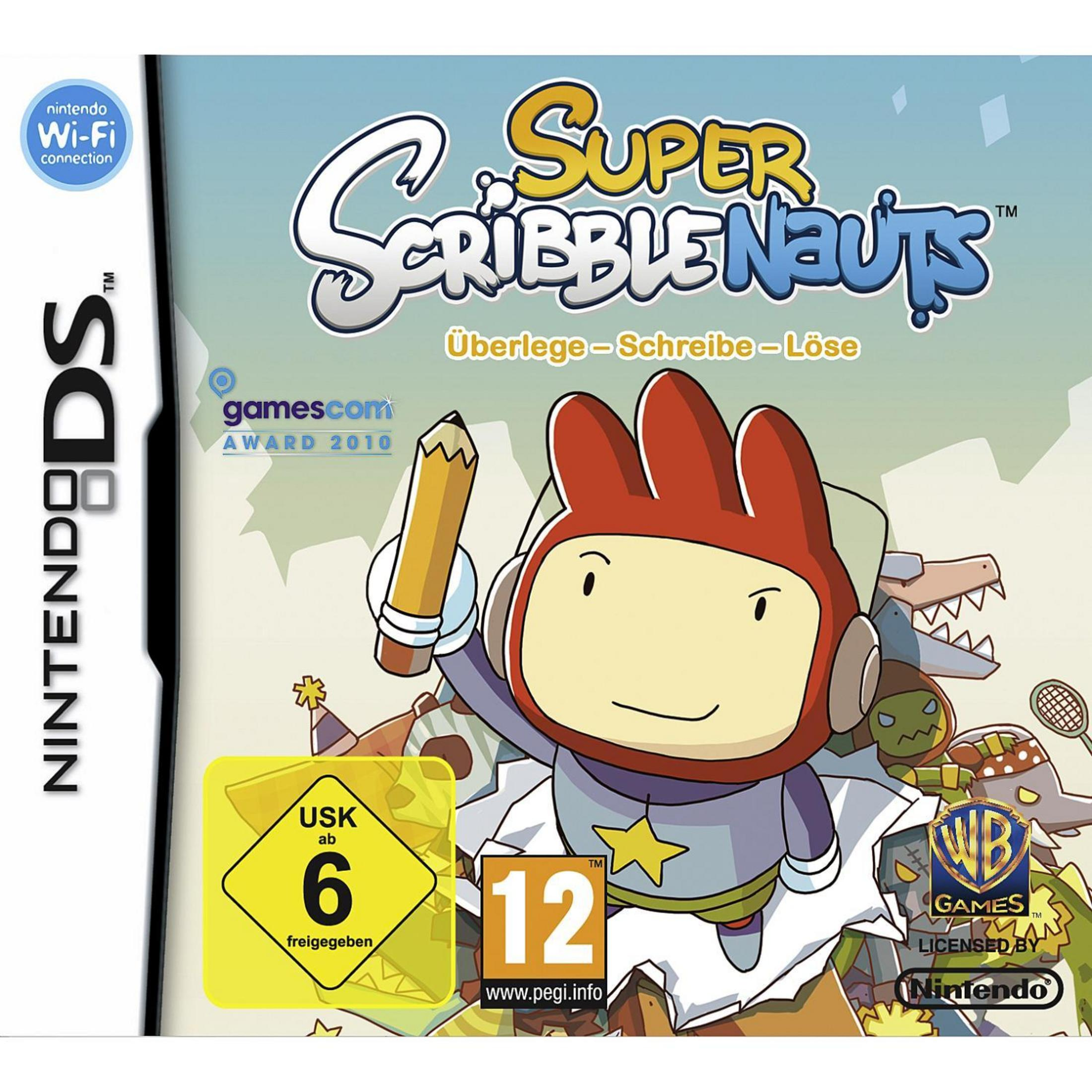 Super ScribbleNauts DS-Spiel: Cartoon-Figur hält Bleistift, USK-6- und PEGI-12-Siegel.