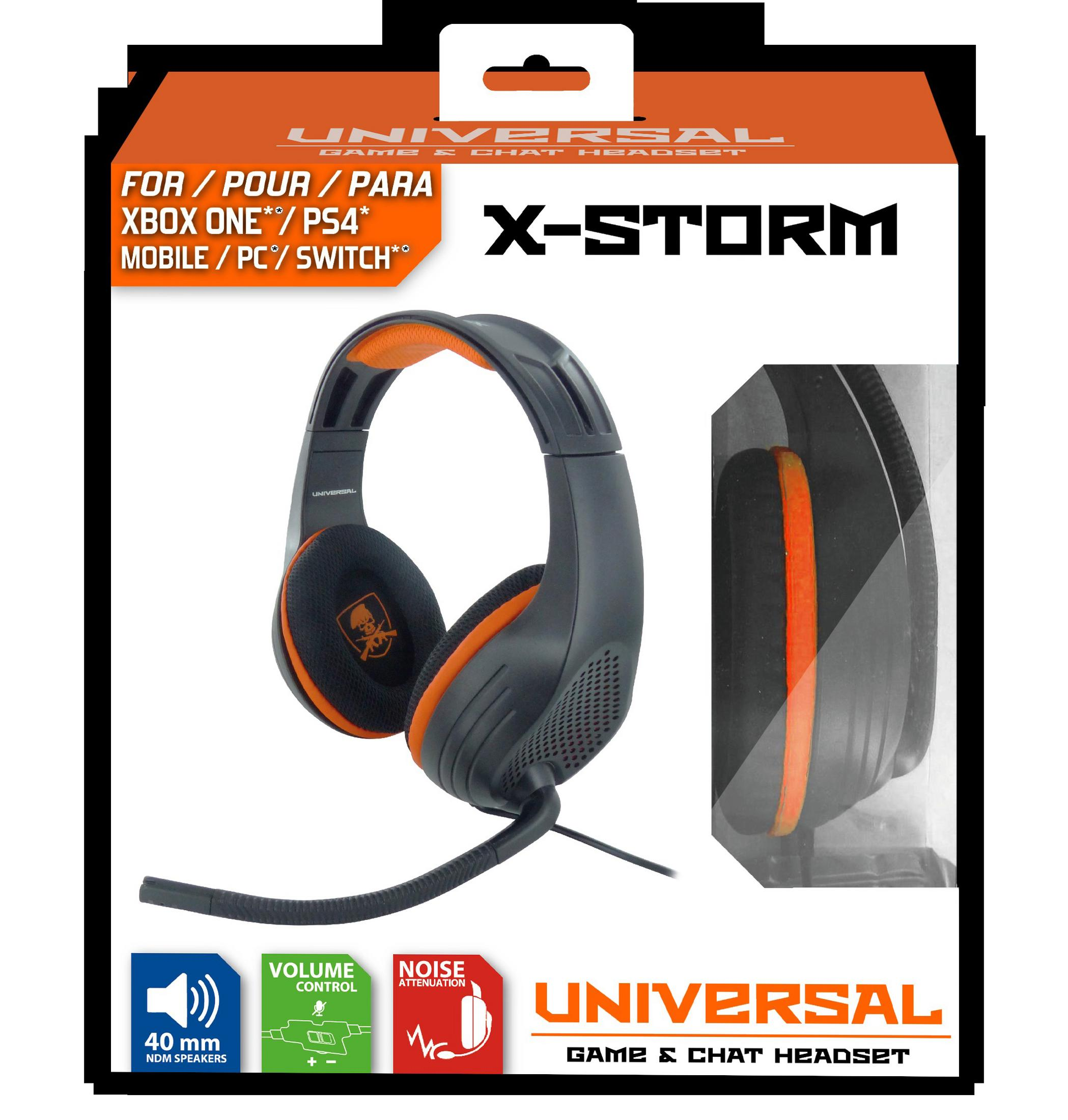 Confezione di cuffie da gioco Universal X-Storm nere e arancioni.