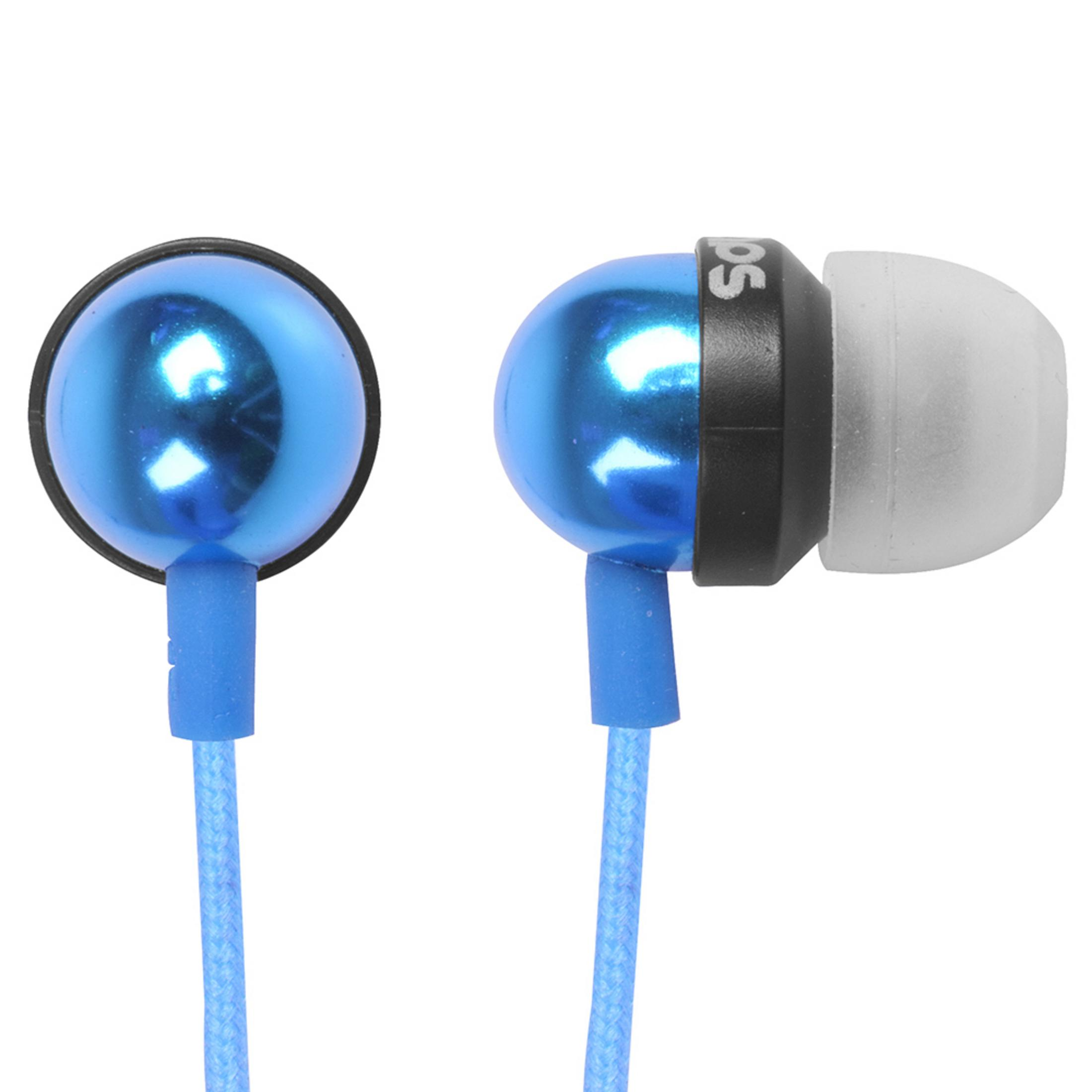 Zwei blaue, glänzende In-Ear-Kopfhörer mit schwarzem Gehäuse und Kabel.