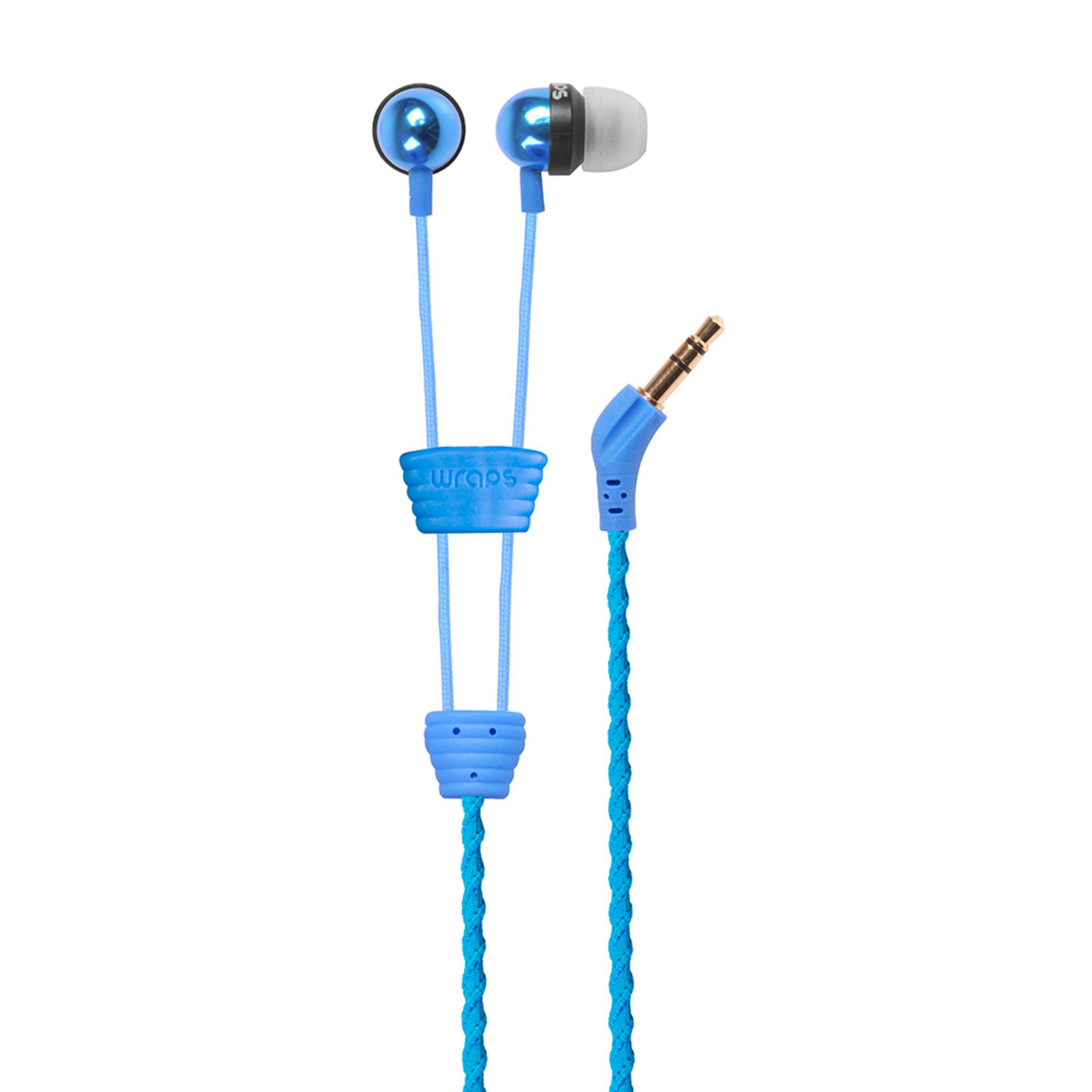 Blaue Kopfhörer mit silbernem Stecker und weißem Ohrstöpsel.