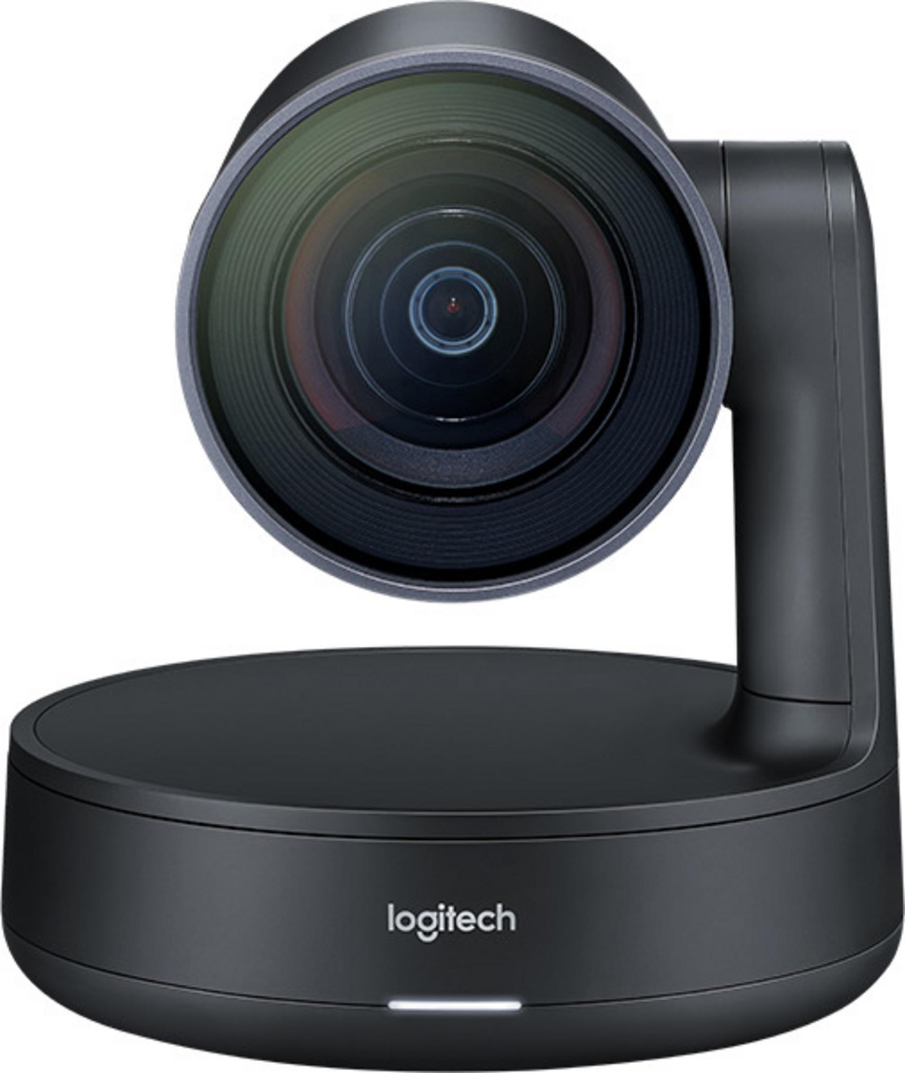 Una telecamera PTZ Logitech nera con obiettivo grande e braccio girevole.