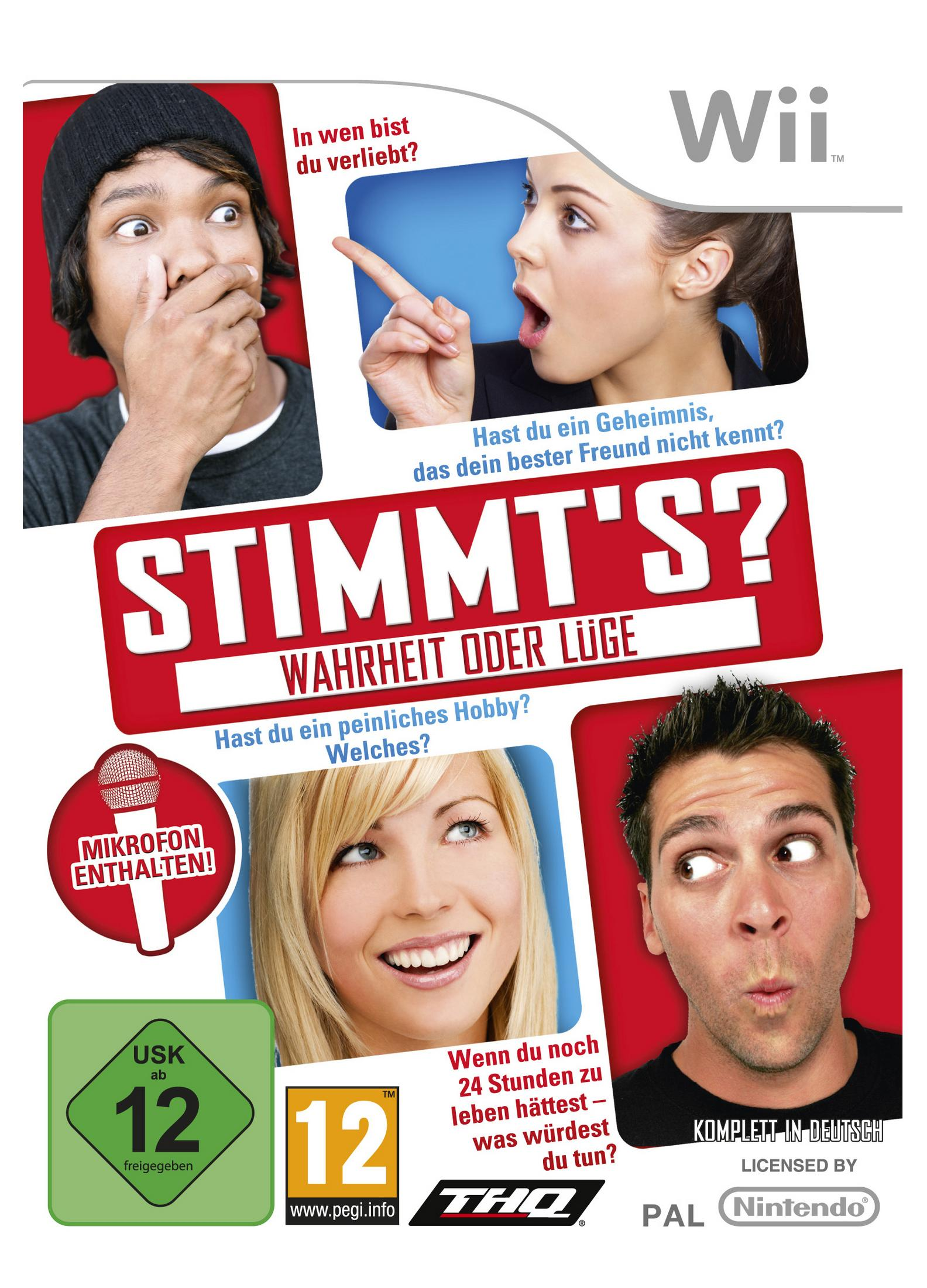 Wii-Spielcover mit vier Personen, Frage "Stimmt's?". Enthält USK 12 Siegel.