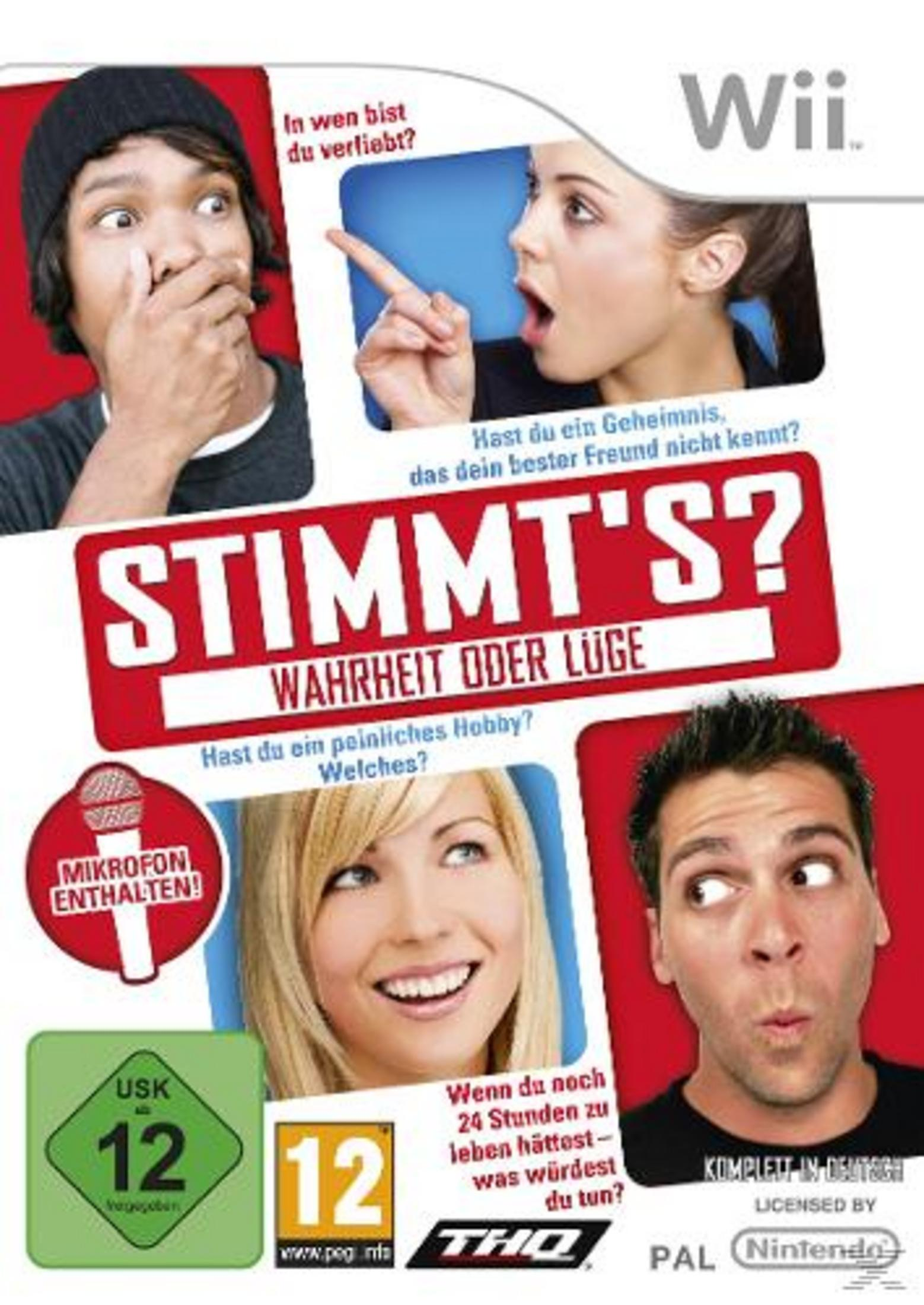 Wii-Spielcover mit vier Personen, Titel 'Stimmt's? Wahrheit oder Lüge'.