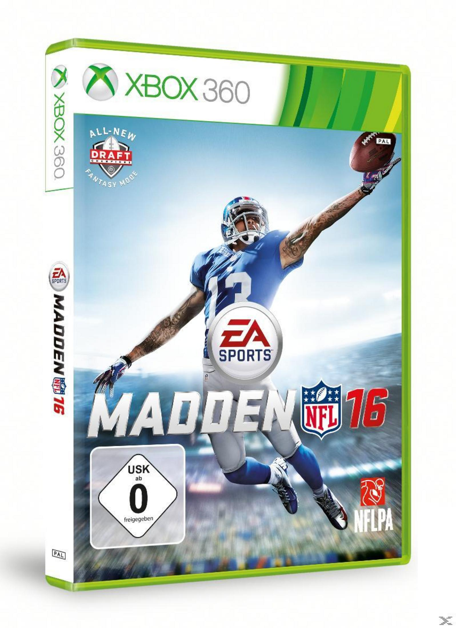 Xbox 360 Hülle: Madden 16 Footballspiel mit Spieler im Sprung.