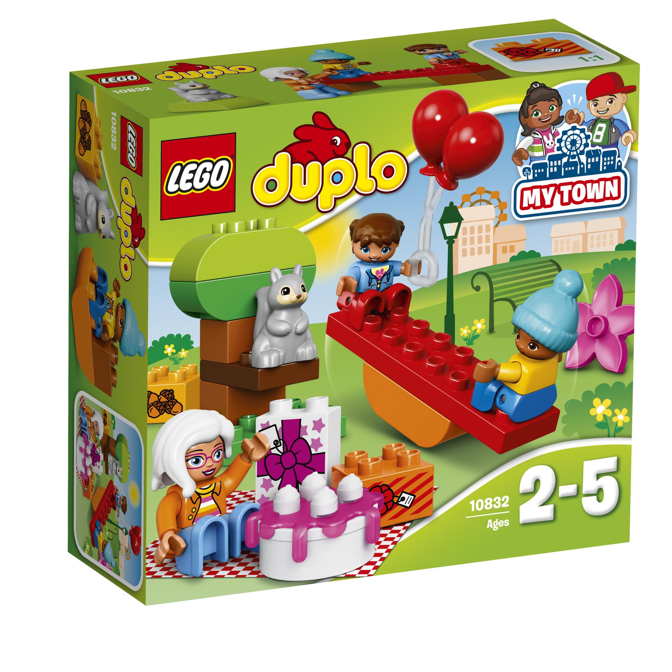 Scatola LEGO Duplo con figure, animali, torta e scena di parco giochi.