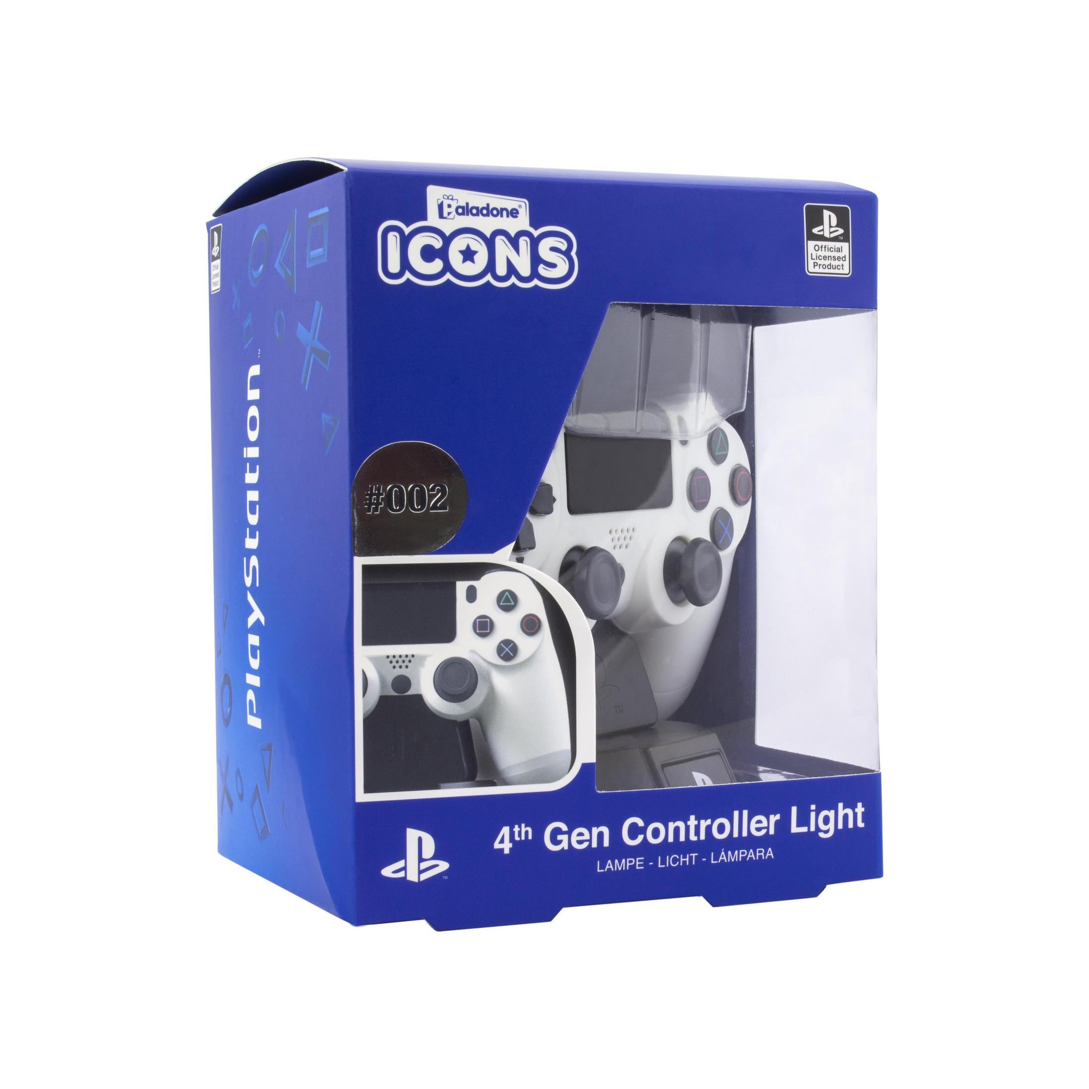 Caja de una lámpara de mando blanca de PlayStation 4 con símbolos de PlayStation.