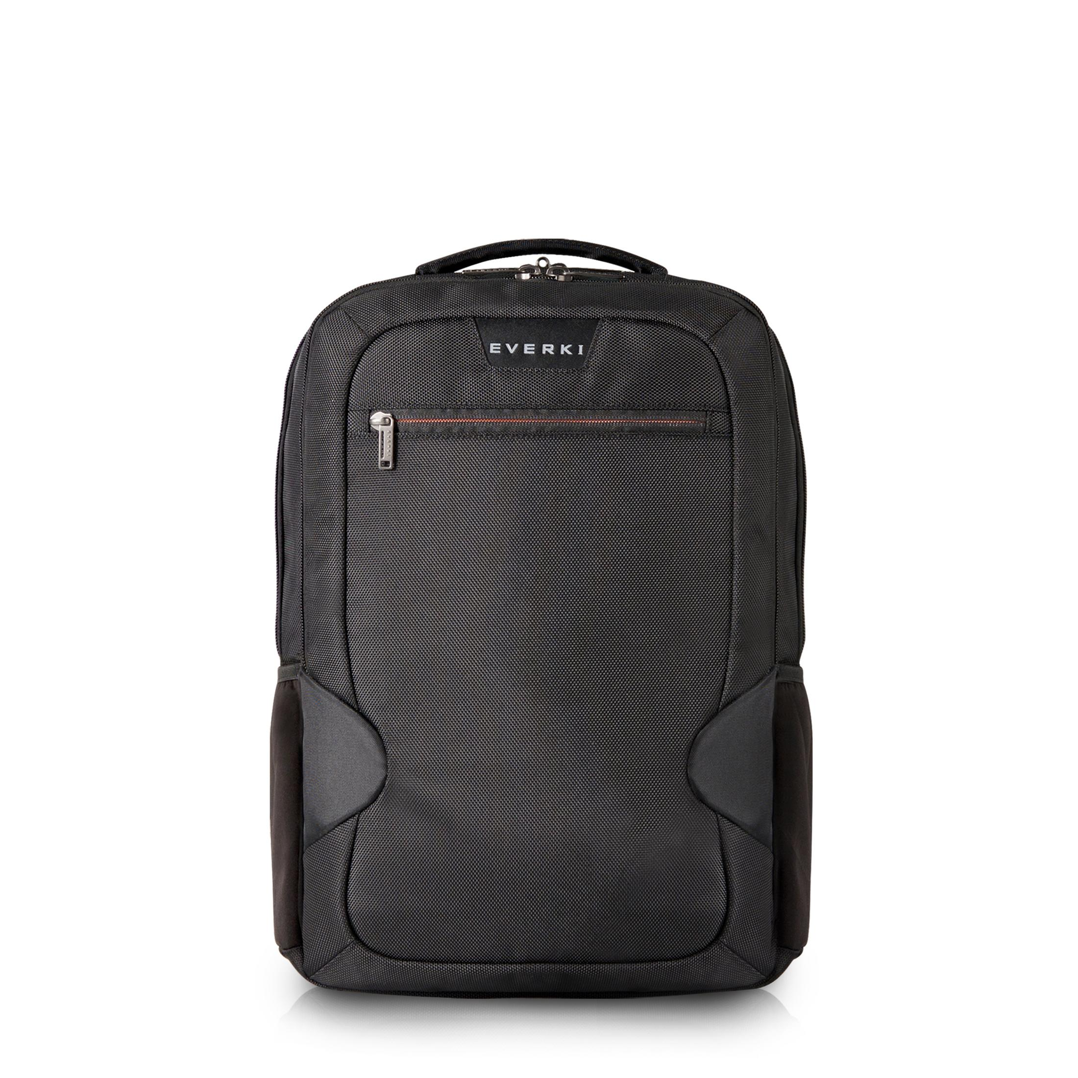 Ein schwarzer Rucksack mit dem Markennamen EVERKI auf der Vorderseite.