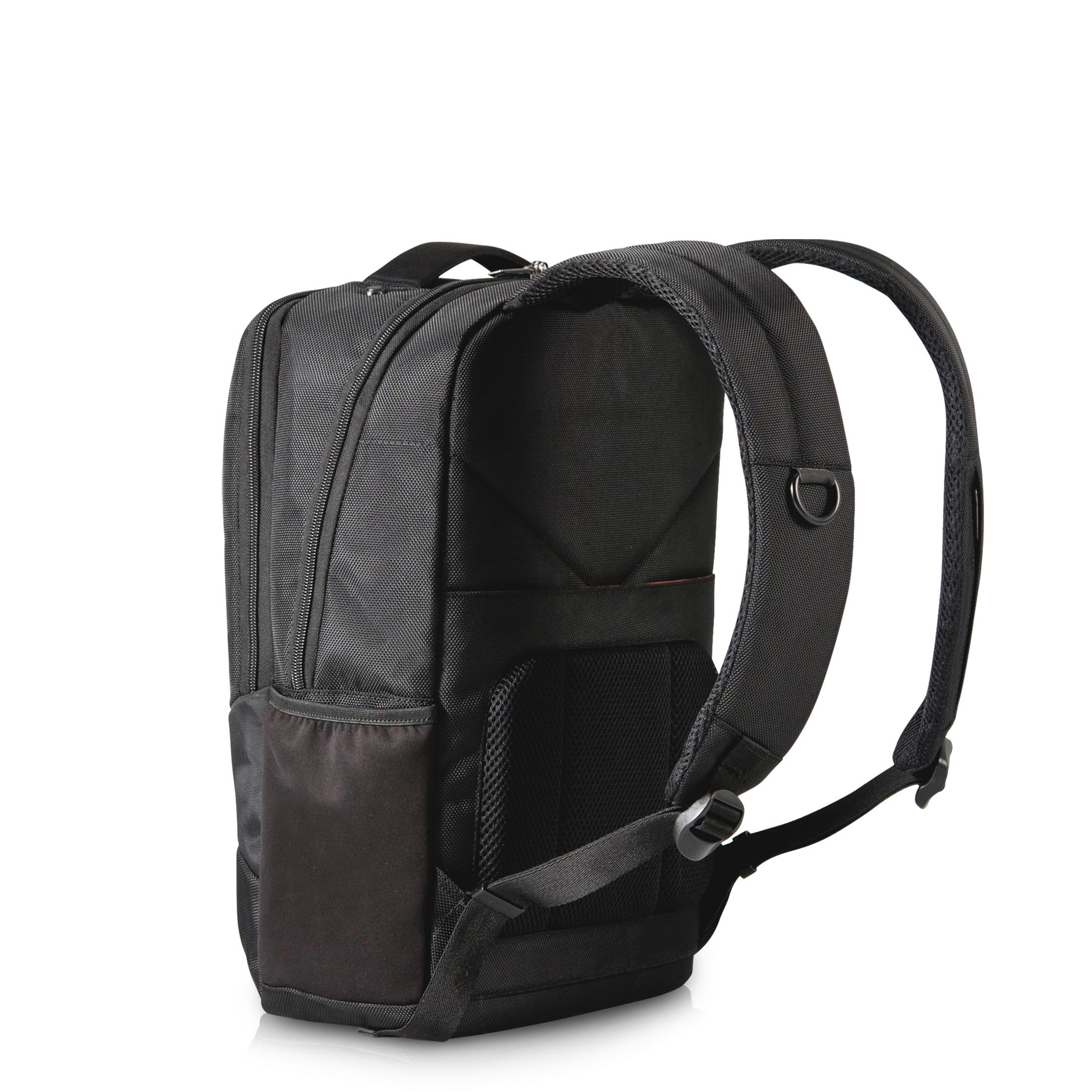 Schwarzer Rucksack mit gepolsterten Trägern und Seitentaschen, auf weißem Hintergrund.