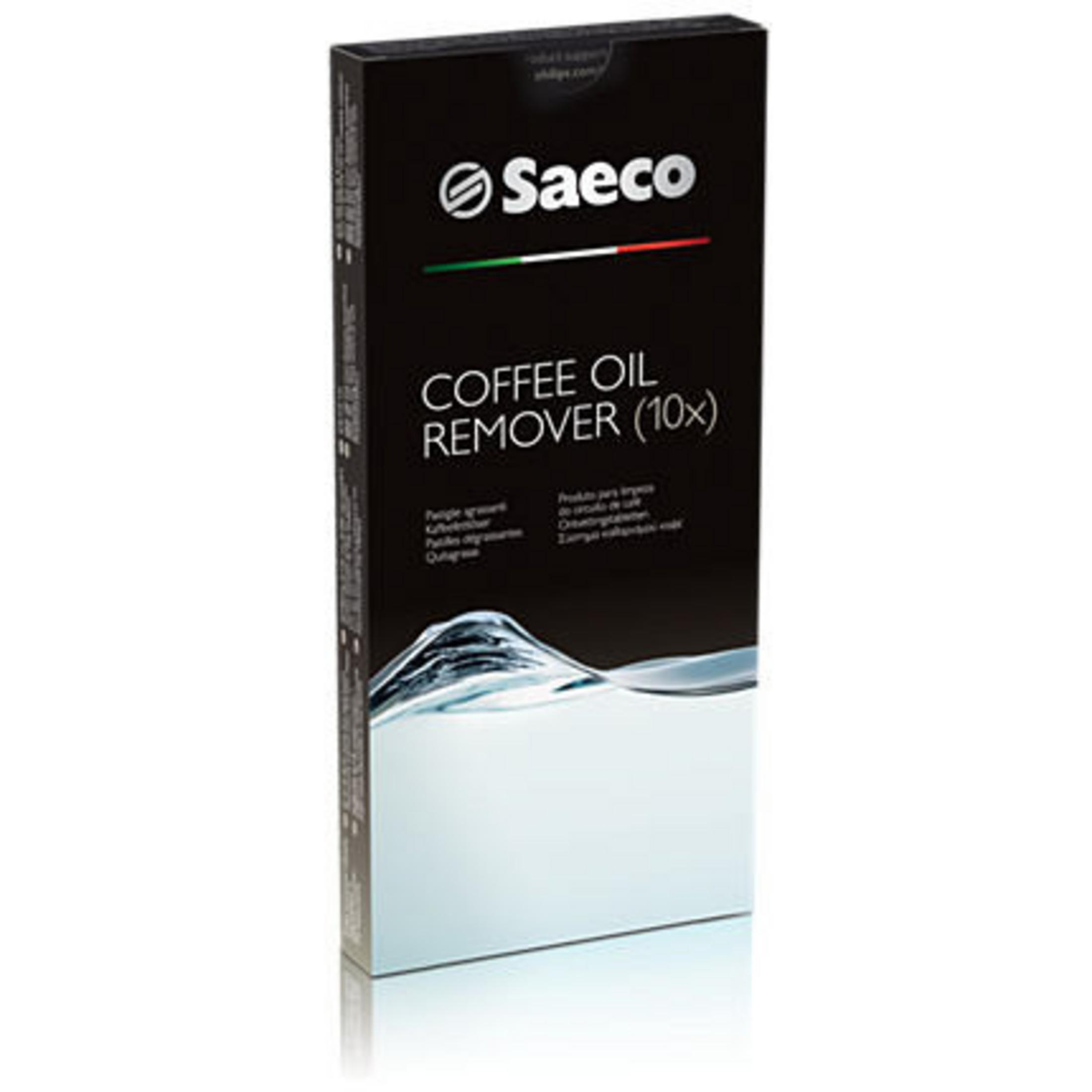 Saeco Rimuovi Olio Caffè (10x) su scatola nera con onda.
