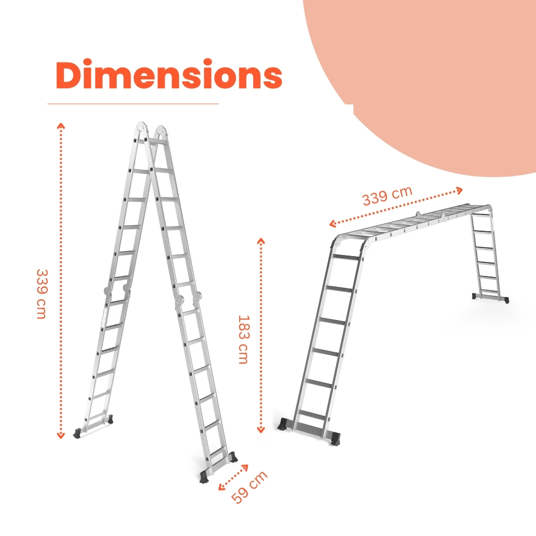 Een opvouwbare aluminium ladder getoond in A-frame en rechthoekige configuraties met afmetingen.