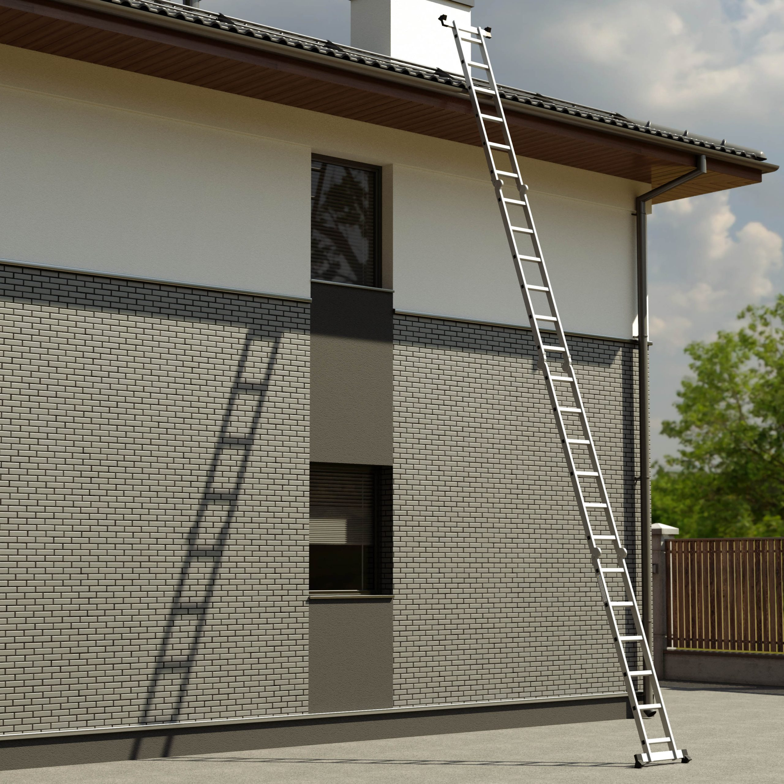 Een aluminium ladder leunt tegen een huis met bakstenen muur en schoorsteen.