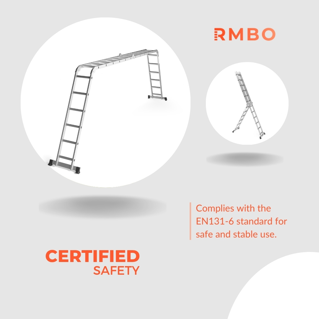 Een zilverkleurig multifunctioneel ladderframe, in het midden gebogen met twee treden aan elke kant.