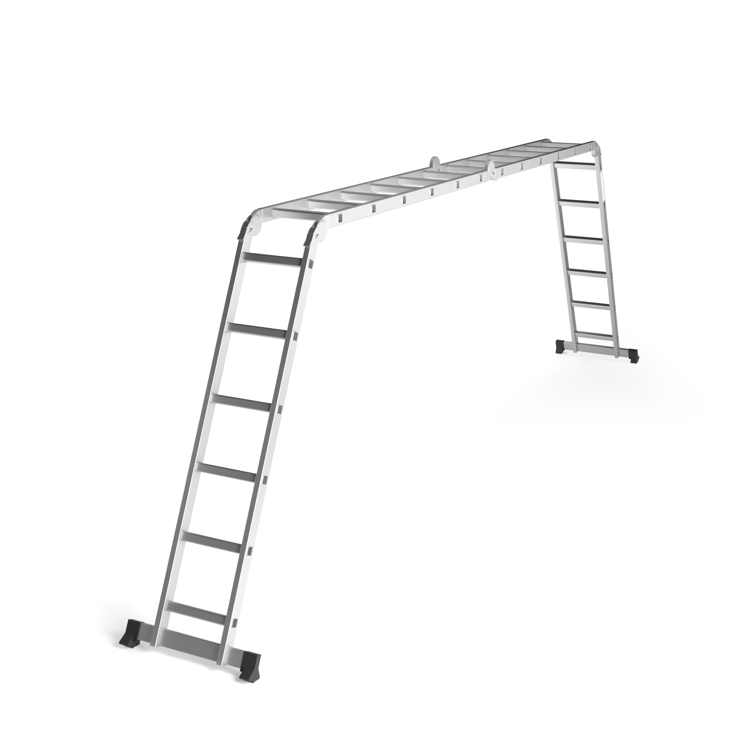 Een zilveren multifunctionele ladder met zwarte voeten, staand op witte achtergrond.