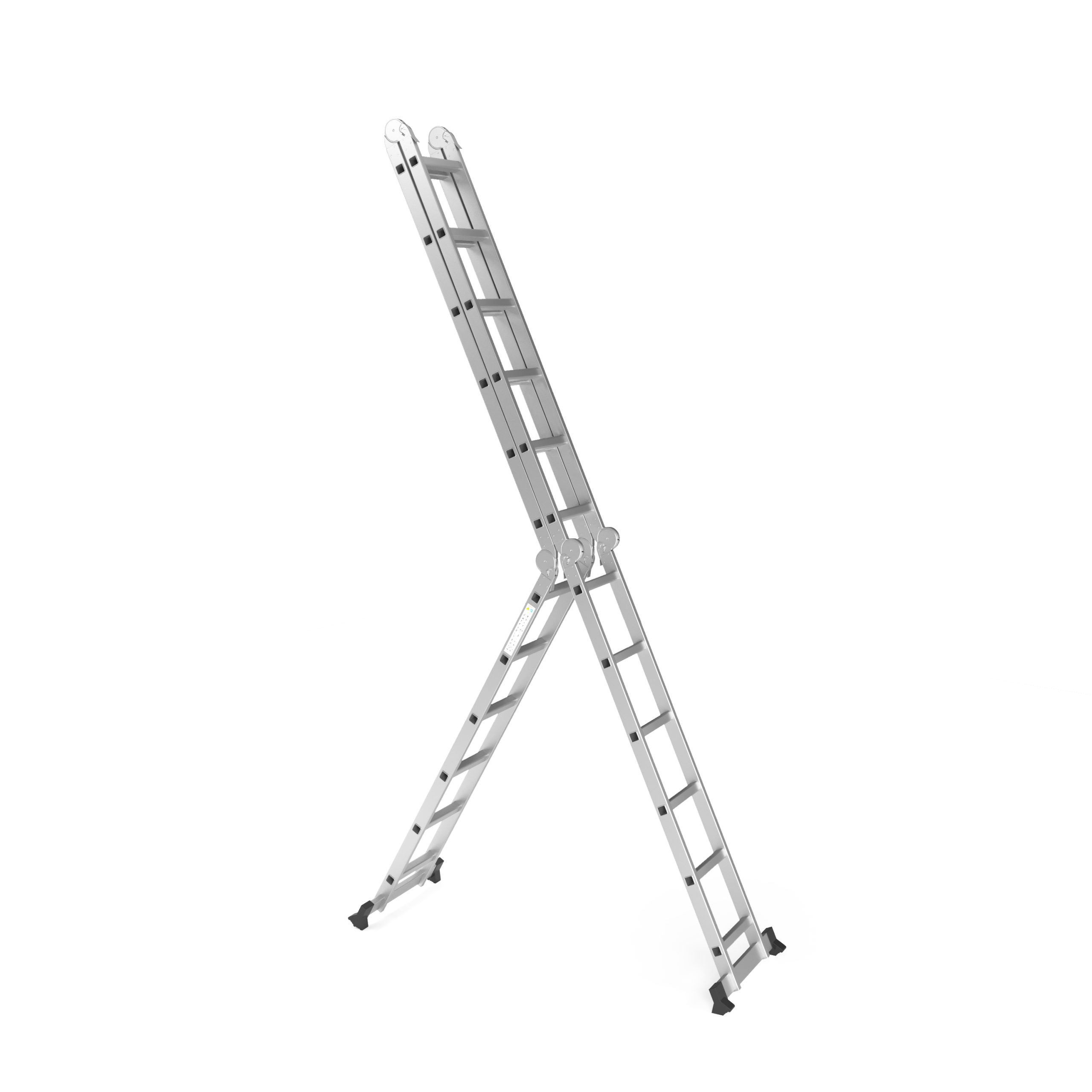 Een zilverkleurige multifunctionele ladder in A-stand op witte ondergrond.