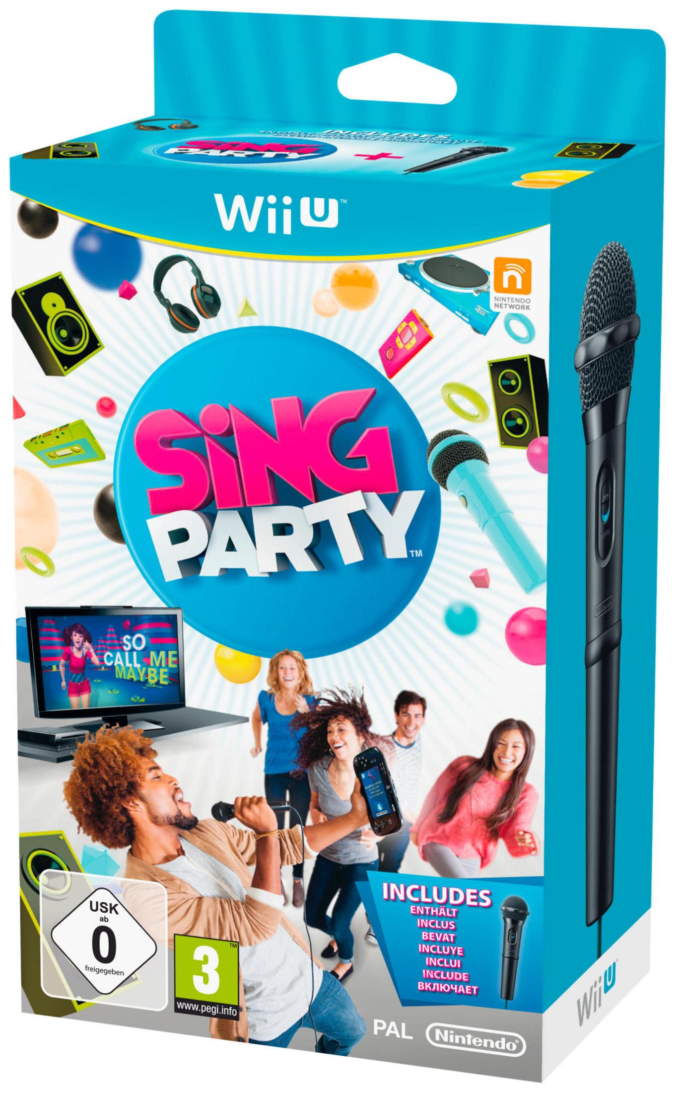 Wii U Sing Party box with people singing, microphones, speakers, and game console.