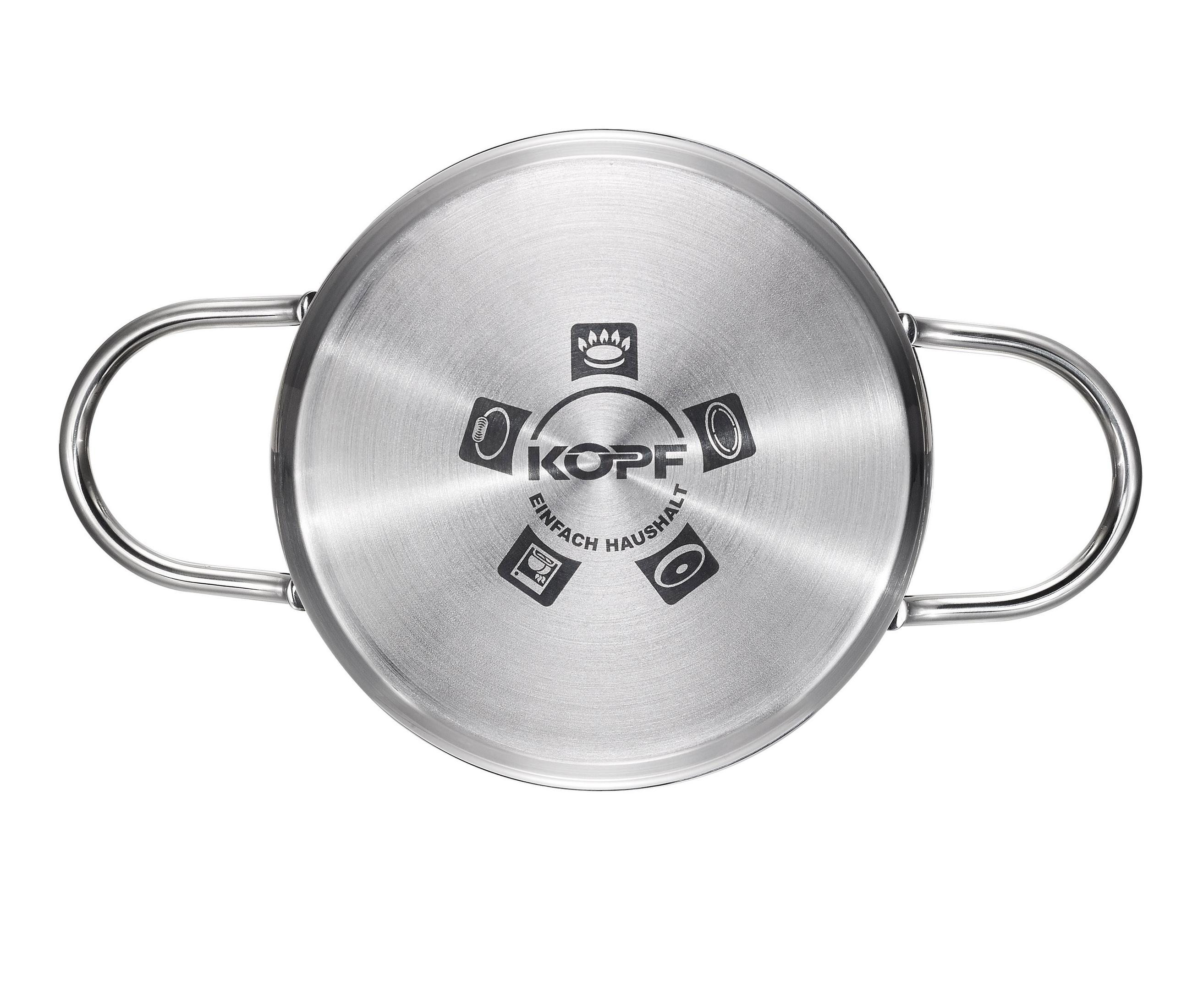 Oberseite eines Topfes aus Edelstahl mit Griffen und Logo.