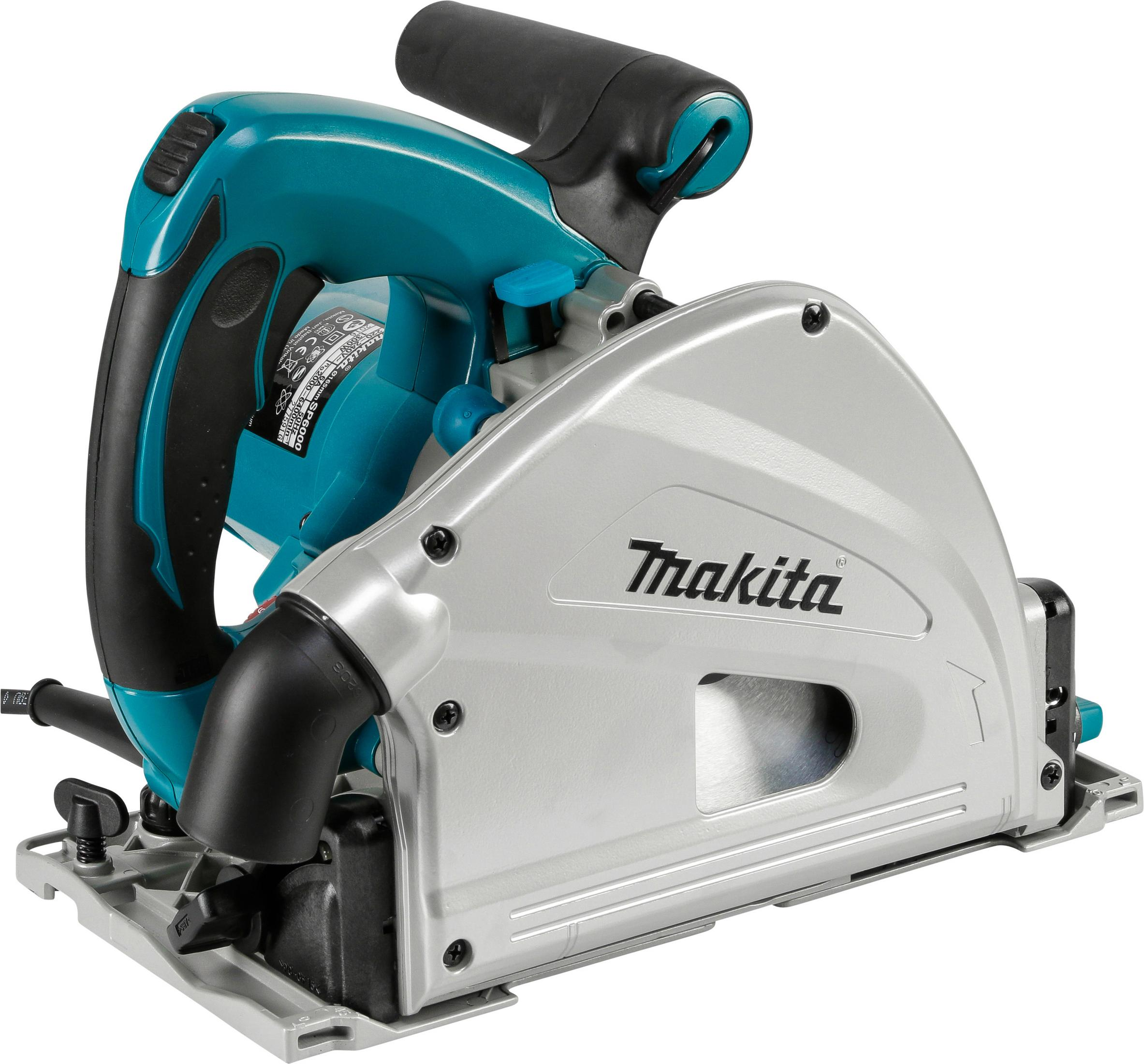 Eine türkise und silberne Makita Handkreissäge mit schwarzem Griff.