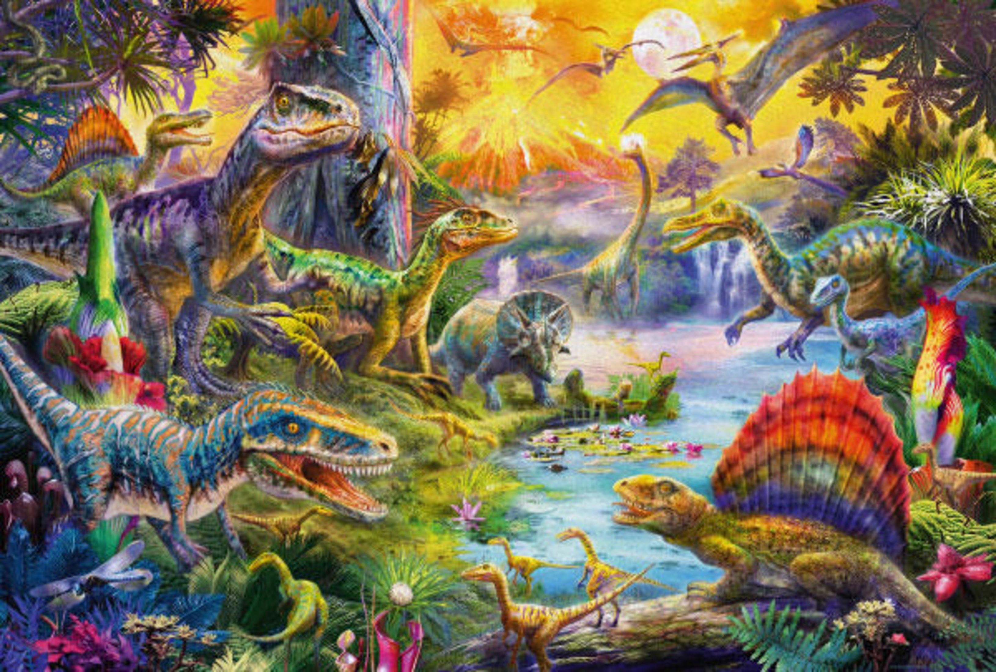 Bunte Dinosaurier-Szene mit Wasserfall, Pflanzen und Flugsauriern.