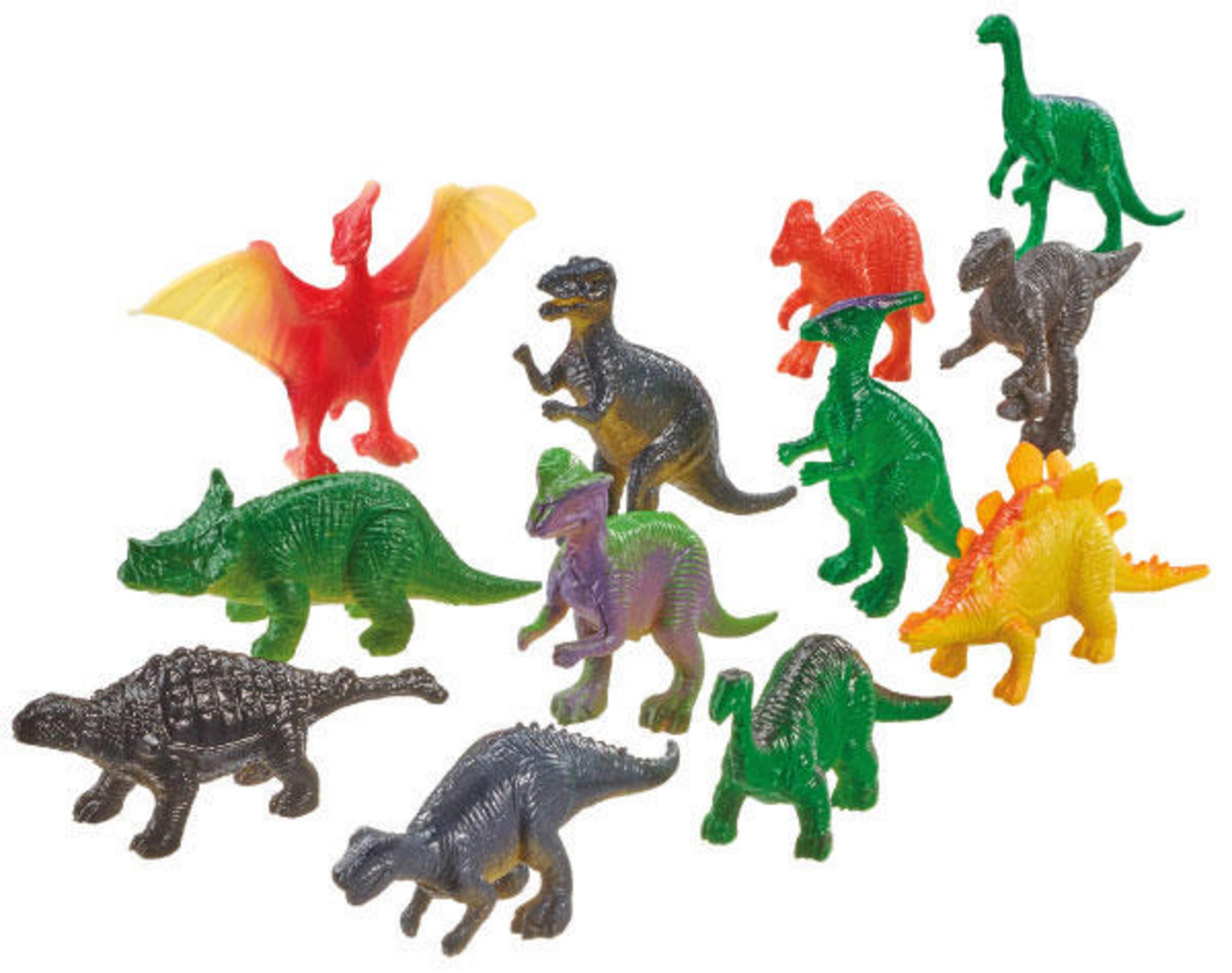 Eine Sammlung bunter Plastik-Dinosaurierspielzeuge auf weißem Hintergrund.