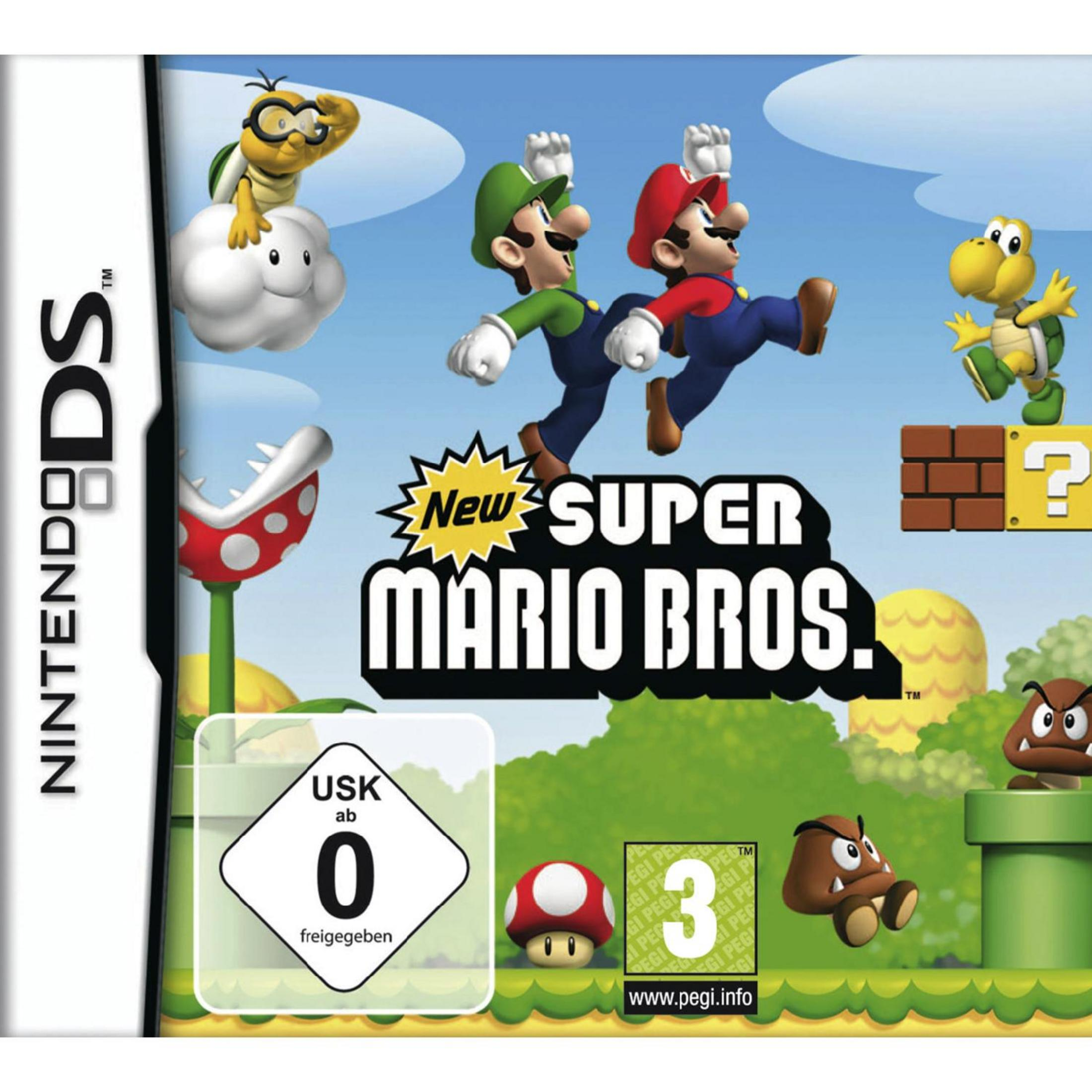 Copertina del gioco Super Mario Bros. con Mario e Luigi, Koopa e Goomba su sfondo blu.