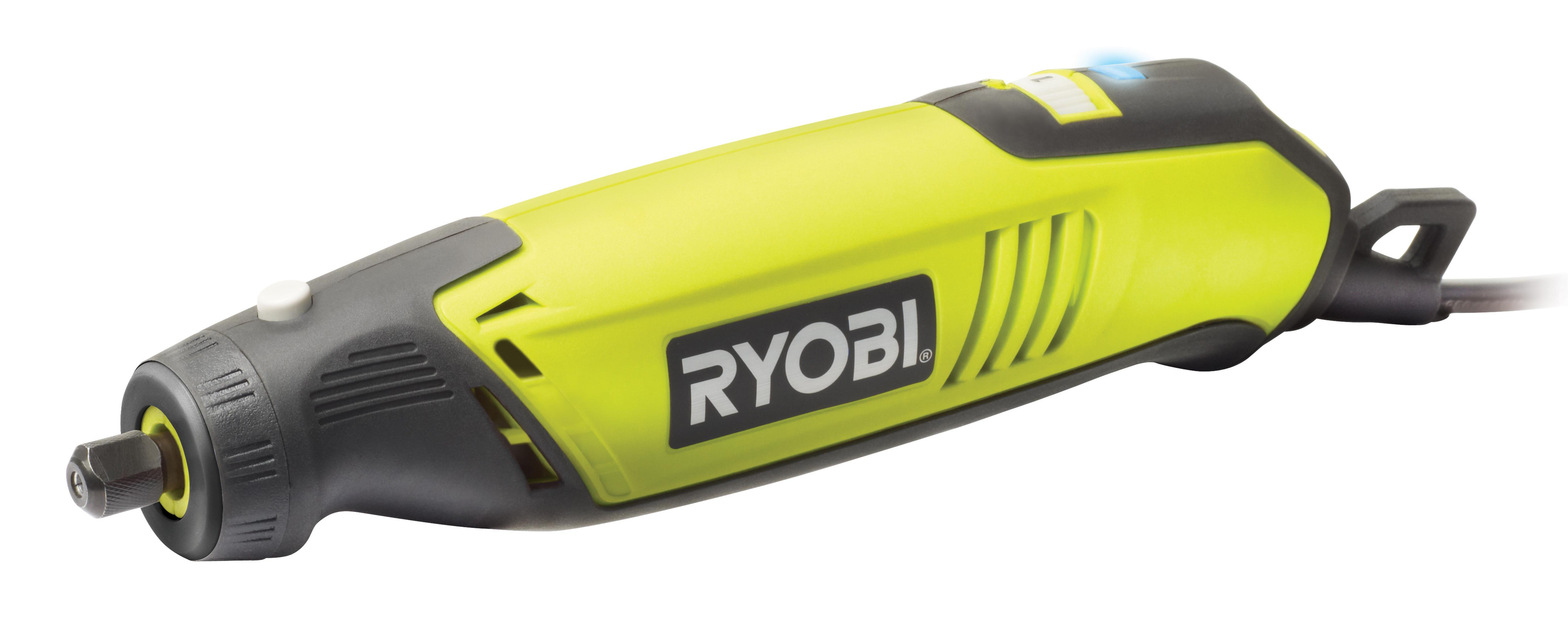 Un utensile rotante Ryobi giallo e grigio con punta.