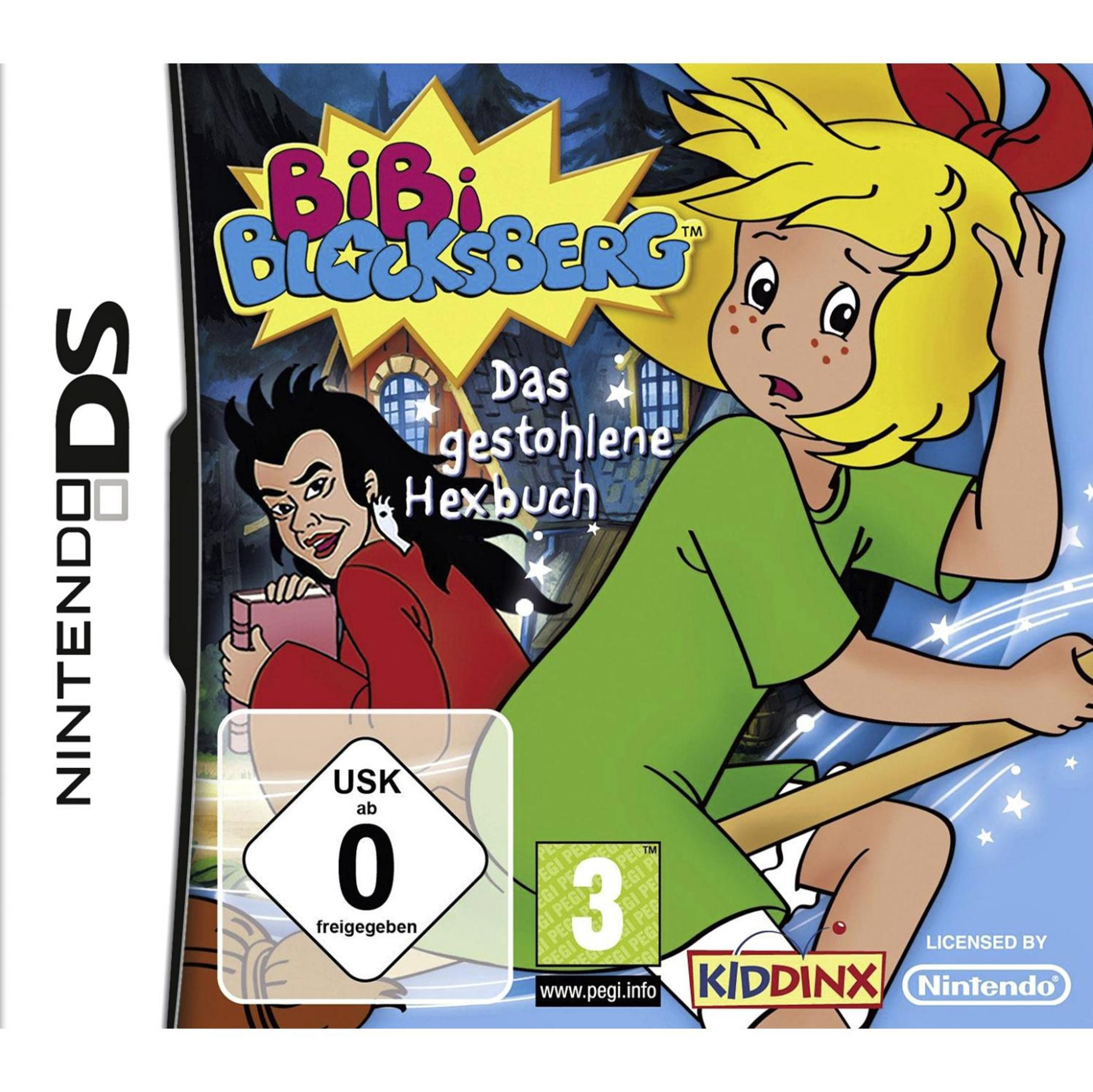 Bibi Blocksberg "Das gestohlene Hexbuch" Nintendo DS Cover mit Bibi auf einem Besen.