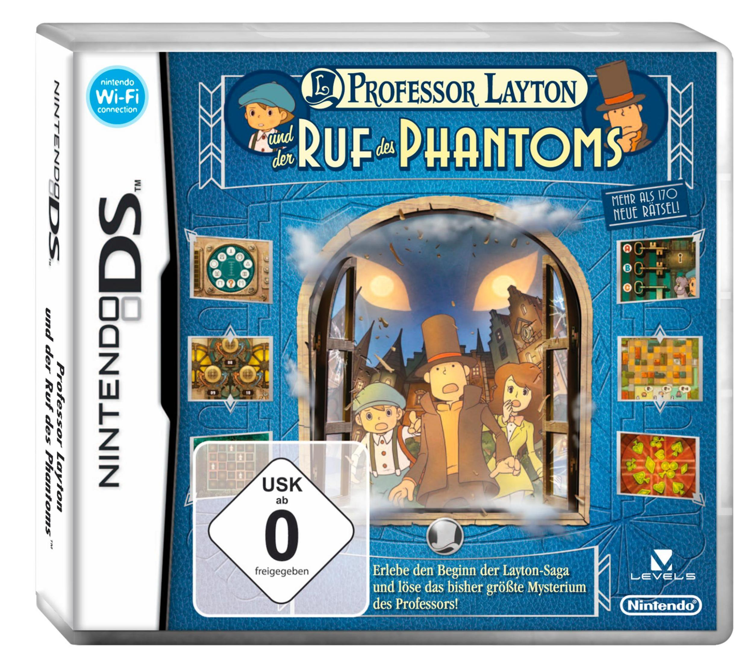 Professor Layton und der Ruf des Phantoms Nintendo DS Spielhülle mit Charakteren und Rätselgrafiken.