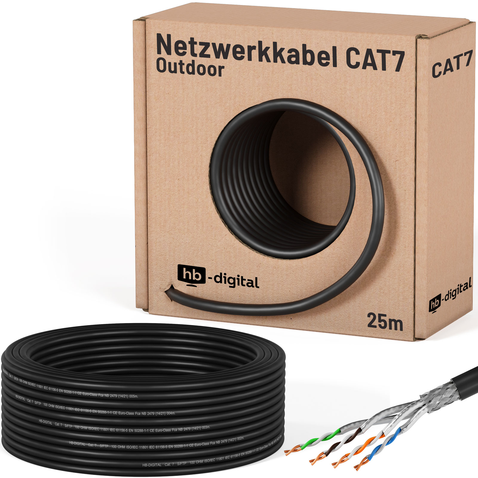 Netzwerkkabel CAT7 Outdoor auf einer Papprolle, 25m lang, mit offenem Ende.