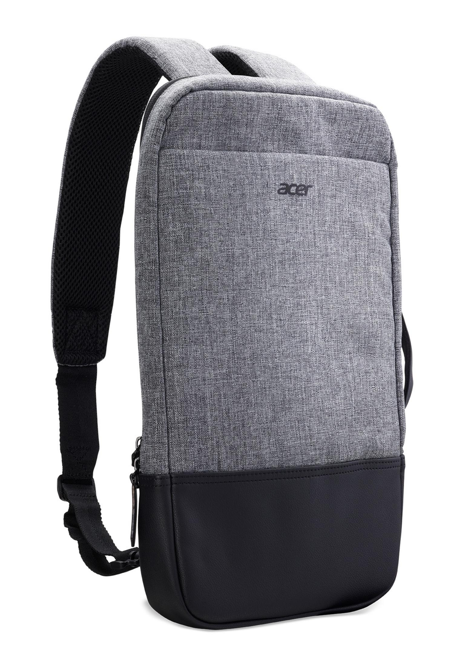 Mochila gris con base de cuero sintético negro y logo de Acer.