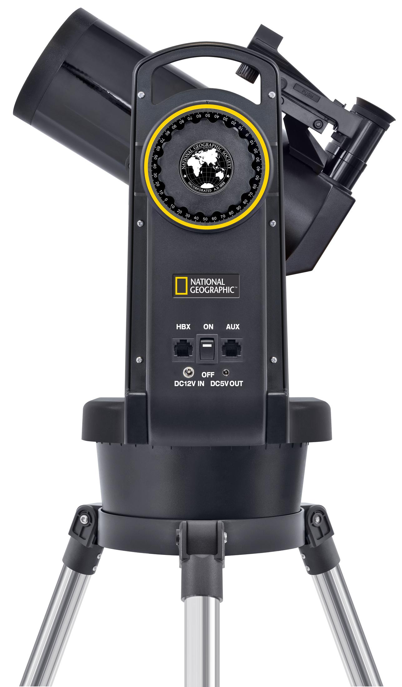 Ein schwarzes Teleskop mit National Geographic-Logo auf einem Stativ.