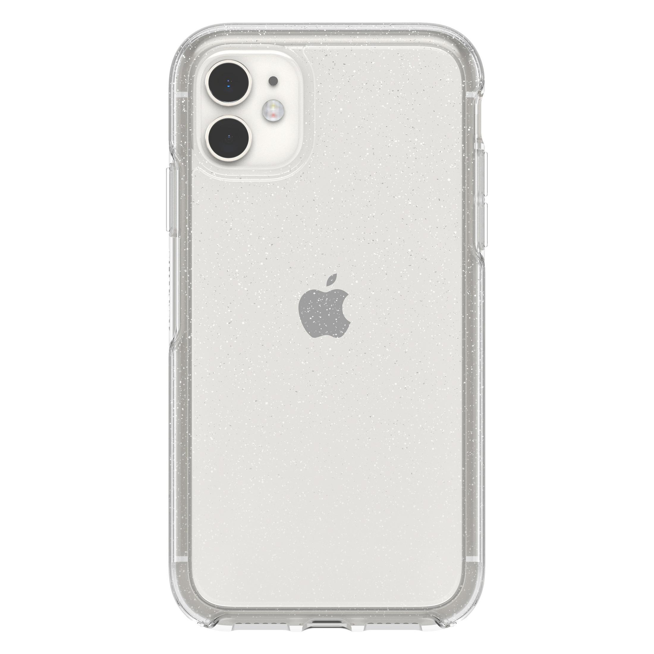 Ein durchsichtiges iPhone-Case mit Glitzer und Apple-Logo.