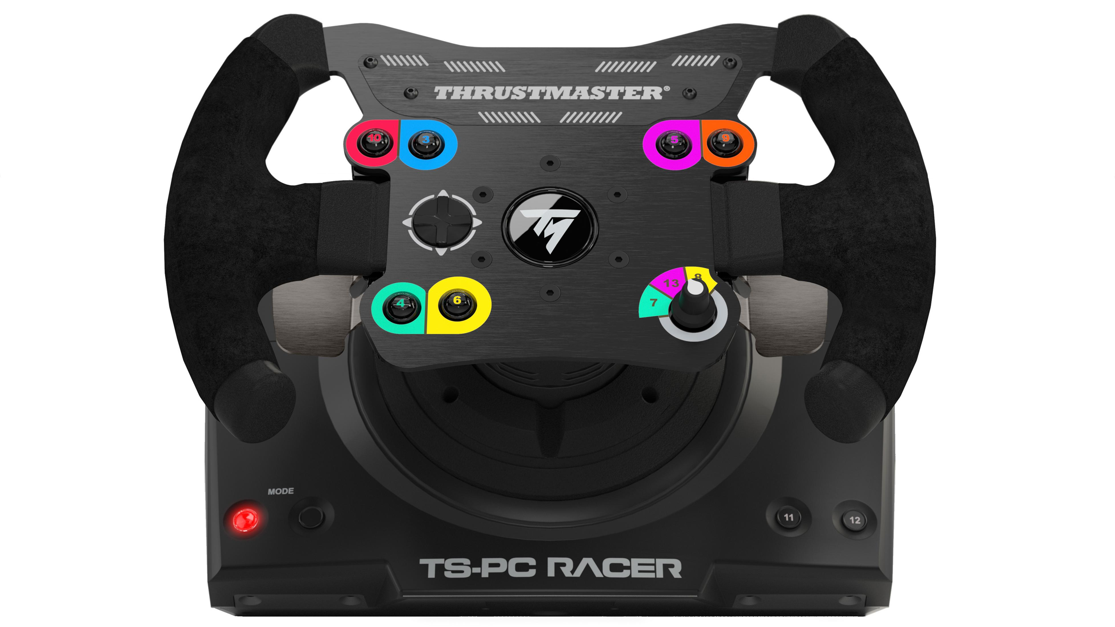 Volante de carreras negro con botones de colores y logo Thrustmaster.