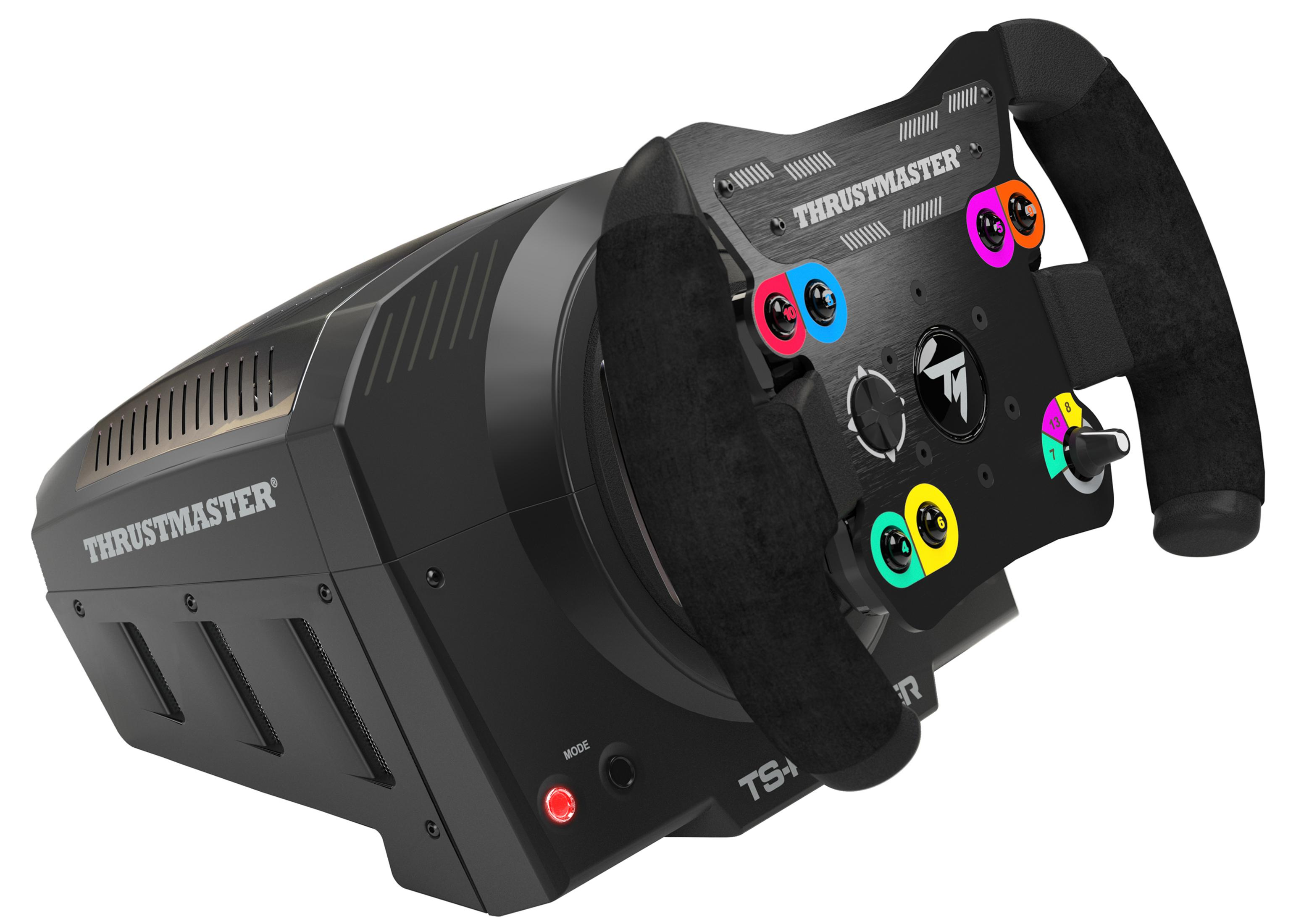 Volante de carreras negro Thrustmaster con botones de colores y agarres texturizados.
