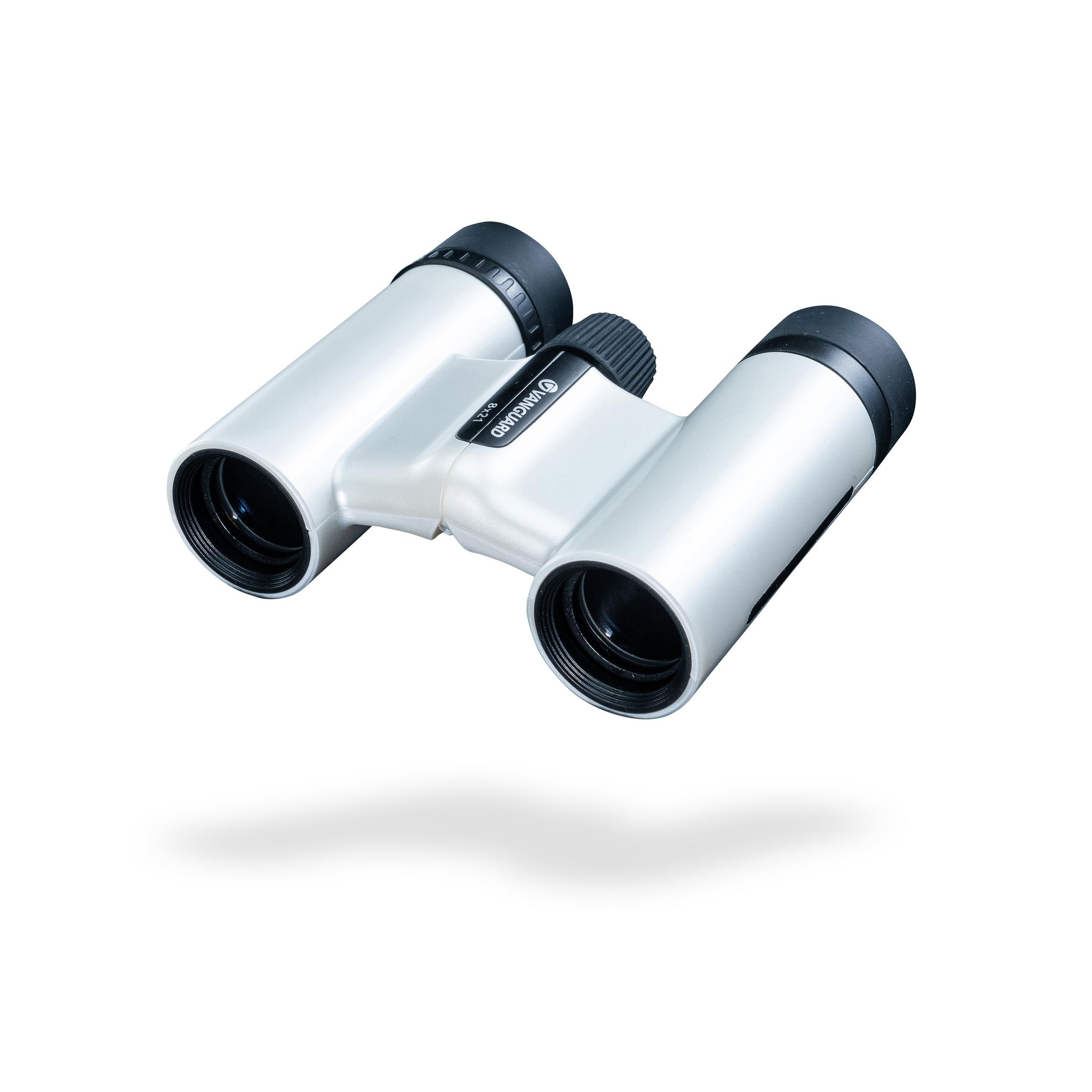 Binocolo Vanguard argentato con cappucci neri, fluttua su sfondo bianco.
