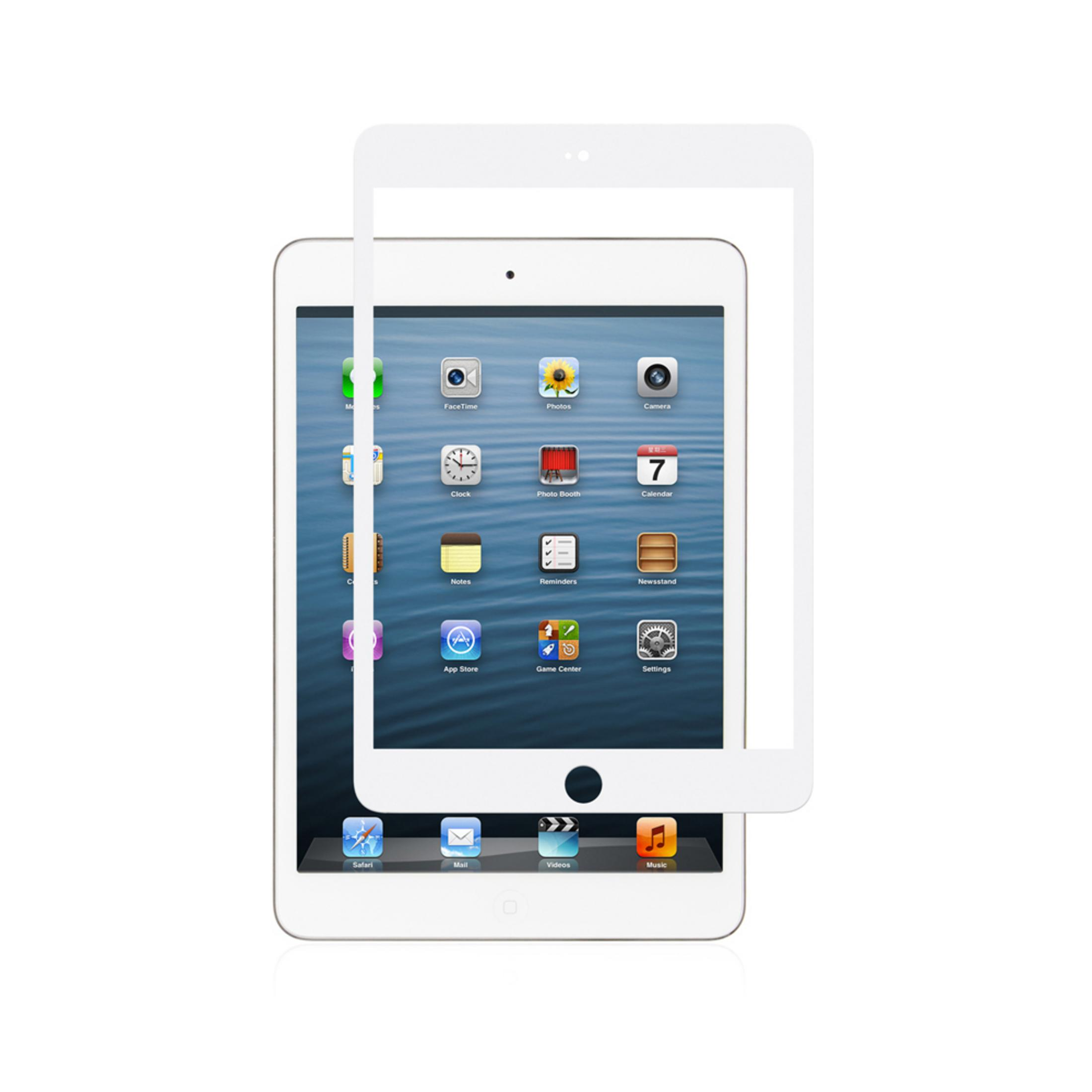 Un iPad bianco con protezione schermo. Sono visibili icone di app come FaceTime, Foto, Fotocamera, Orologio, Calendario, App Store e Safari.