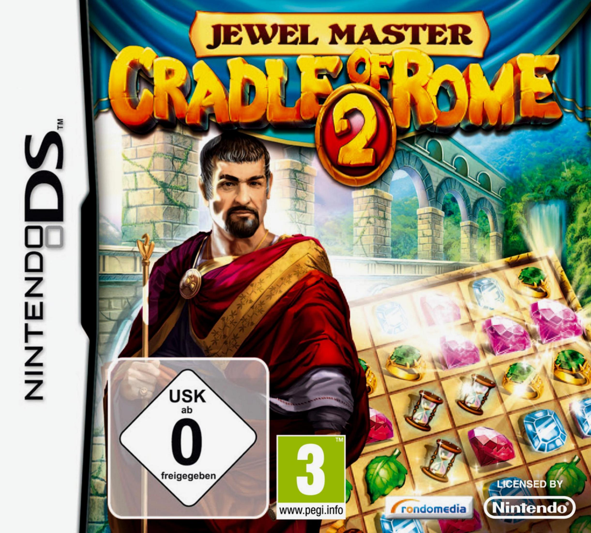Spielcover: Mann in Robe, Juwelen, Burgruine, Wasserfall, Nintendo DS Logo.